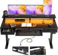 AODK Electric Standing Desk with Drawers & Keyboard Tray, 63 Inch Height Adjustable Gaming Desk with Power Outlets & LED Lights, Sit Stand Table with Monitor Stand for Home, Office, Black