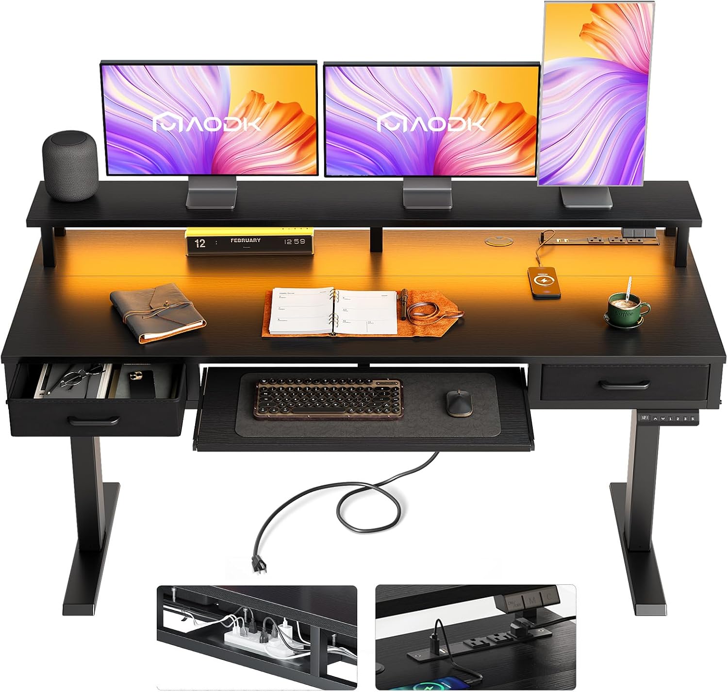AODK Electric Standing Desk with Drawers & Keyboard Tray, 63 Inch Height Adjustable Gaming Desk with Power Outlets & LED Lights, Sit Stand Table with Monitor Stand for Home, Office, Black