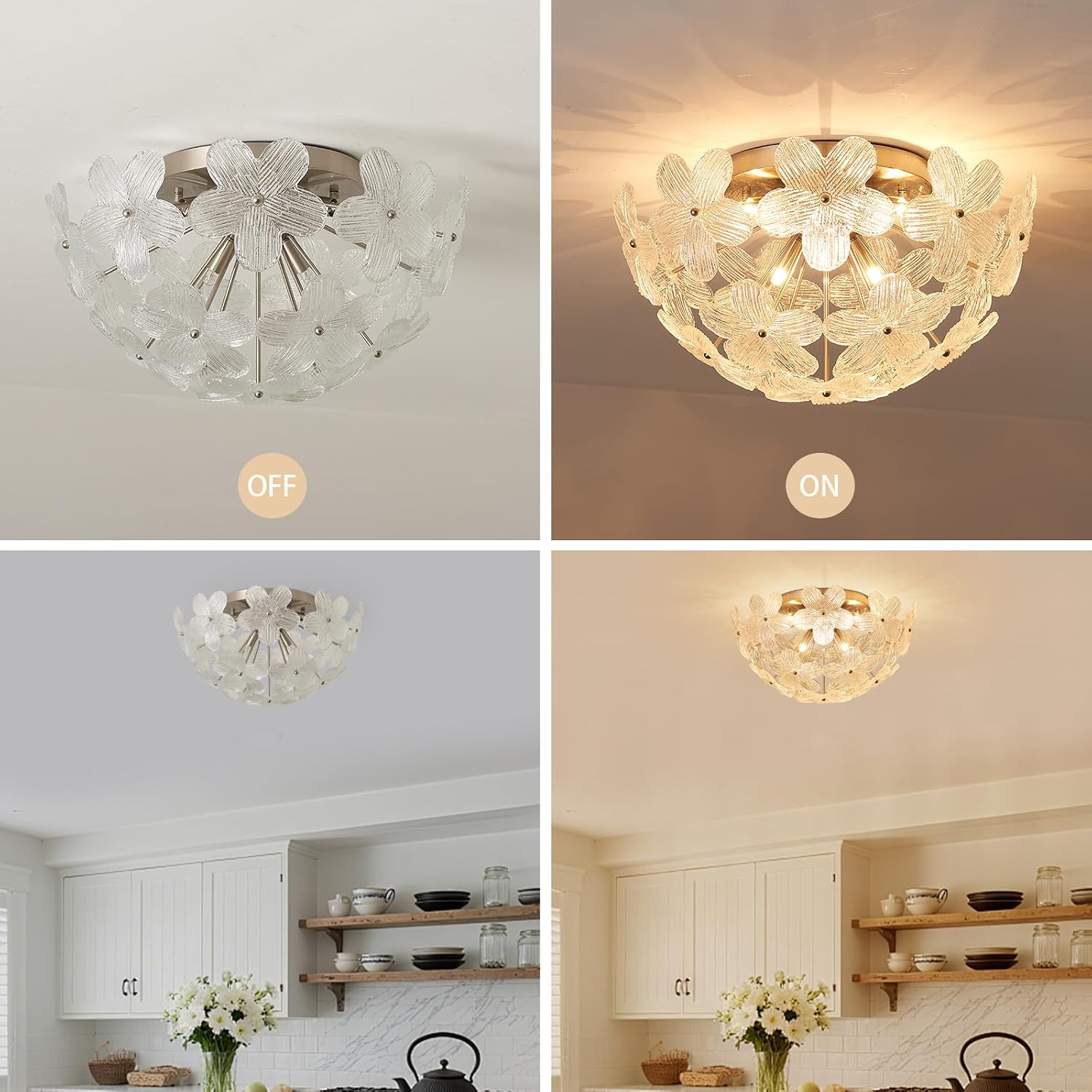 Modern Small Semi Flush Mount Ceiling Light Fixture, Flower Brush Nickel Ceiling Light Glass Chandelier for Bedroom Bathroom Closet Entryway Living Room Indoor Kitchen Foyer Hallway