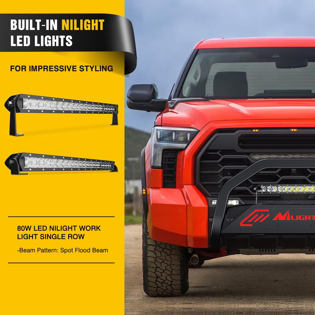 Nilight Bull Bar with Light Bar&License Plate Hole Compatible with Toyota Tundra 2022 2023 2024 Truck Brush Guard, Front Bumper Push Bar w/Grille Skid Plate Light Mount