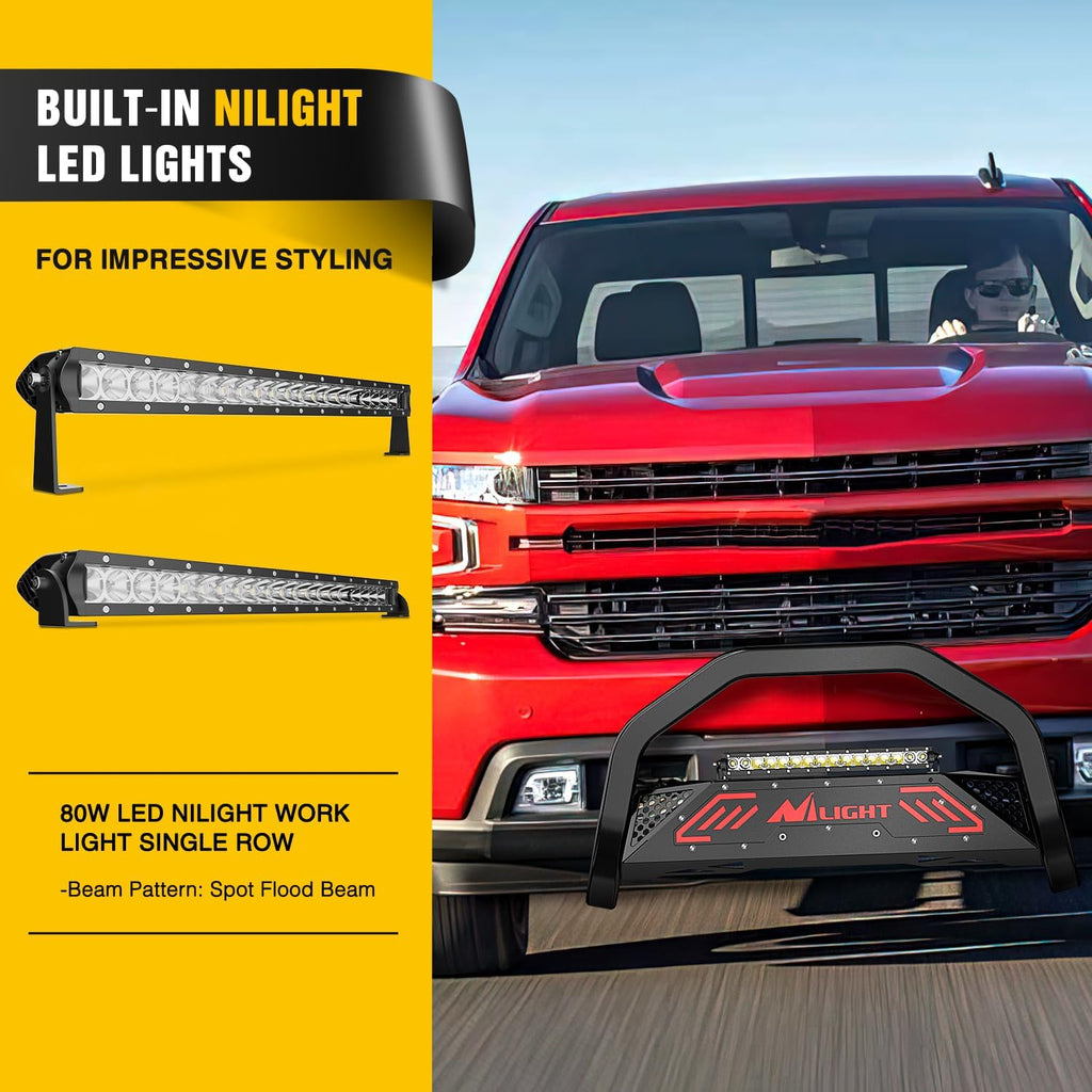 Nilight Bull Bar with Light fits 2007-2018 Chevy Silverado GMC Sierra 1500, 2007-2020 Chevy Tahoe Suburban&Yukon/Yukon XL Front Bumper Grille Brush Push Guard with Skid Plate Licence Plate Hole Black
