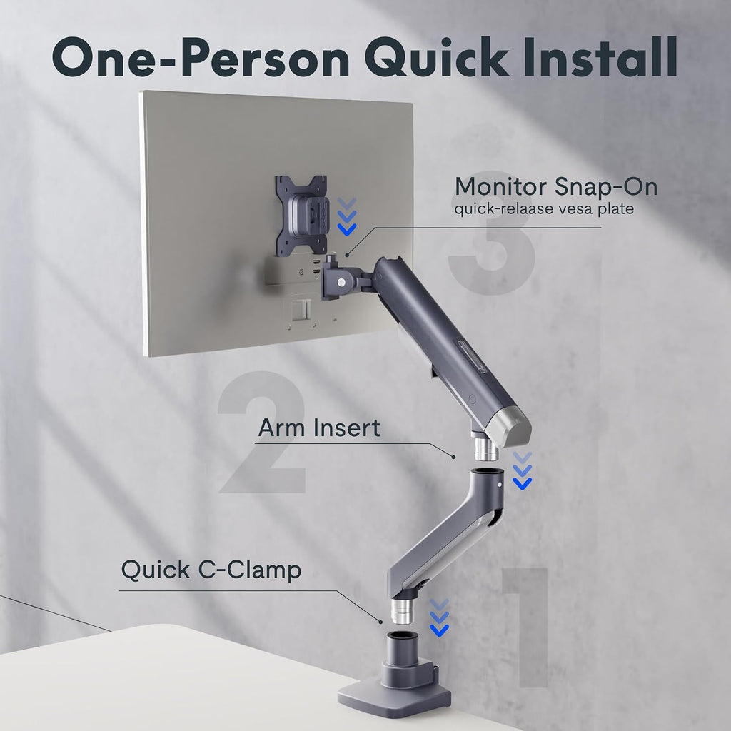 FlexiSpot Single Monitor Arm, Premium Aluminum Monitor Desk Mount Fits Screen up to 39 Inches, Fully Adjustable Monitor Stand with C-Clamp & Grommet Base, Holds 6.61 to 26.46 lbs, Gun Gray