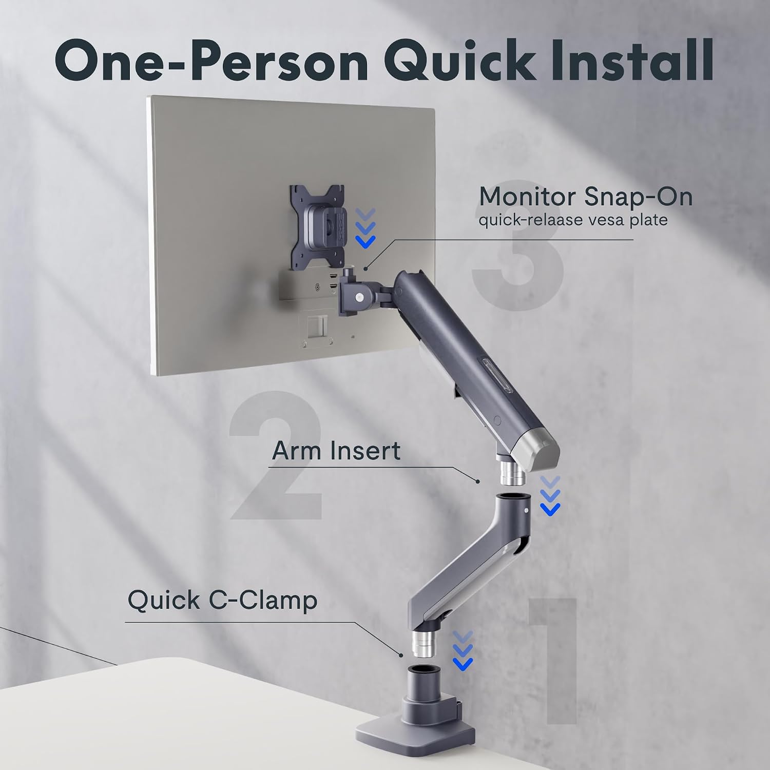 FlexiSpot Single Monitor Arm, Premium Aluminum Monitor Desk Mount Fits Screen up to 39 Inches, Fully Adjustable Monitor Stand with C-Clamp & Grommet Base, Holds 6.61 to 26.46 lbs, Gun Gray