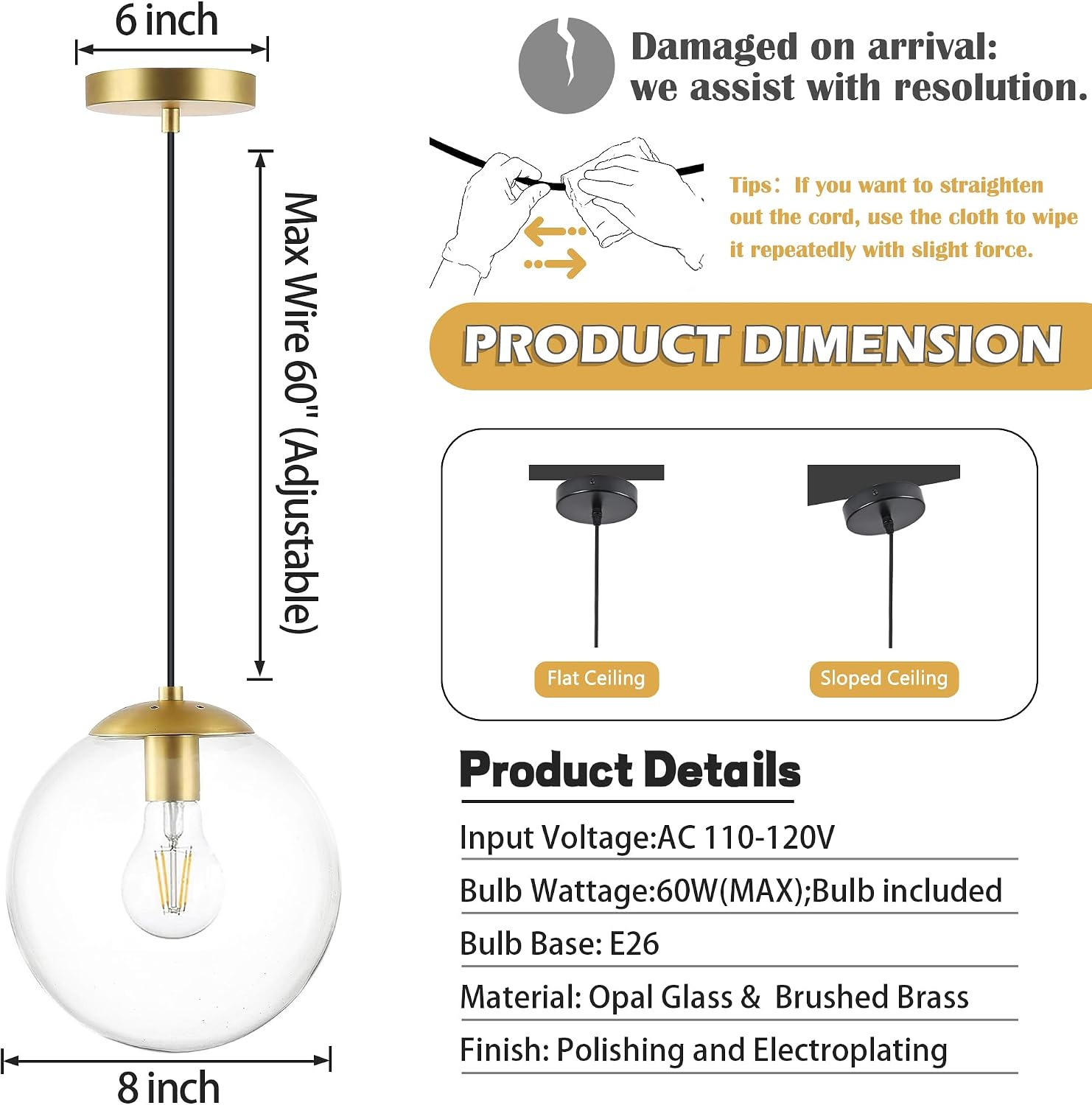 KoKo&Yukina 8' Gold Glass Globe Modern Pendant Lights 2 Pack Mid Century Clear Glass Pendant Light Fixtures Adjustable Hanging Pendant Lighting for Kitchen Island Bedroom Hallway Bulbs Included