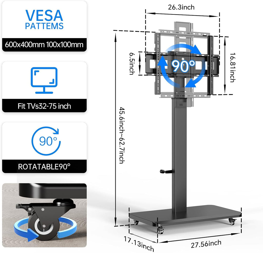Mobile TV Stand with Power Outlet, Height Adjustable with Handle Stepless Lift,Rolling TV Stand for 32-75inch TVs with 90 Rotating,Portrait to Landscape,TV Cart with Wheels Holds up to 110lbs (Black)