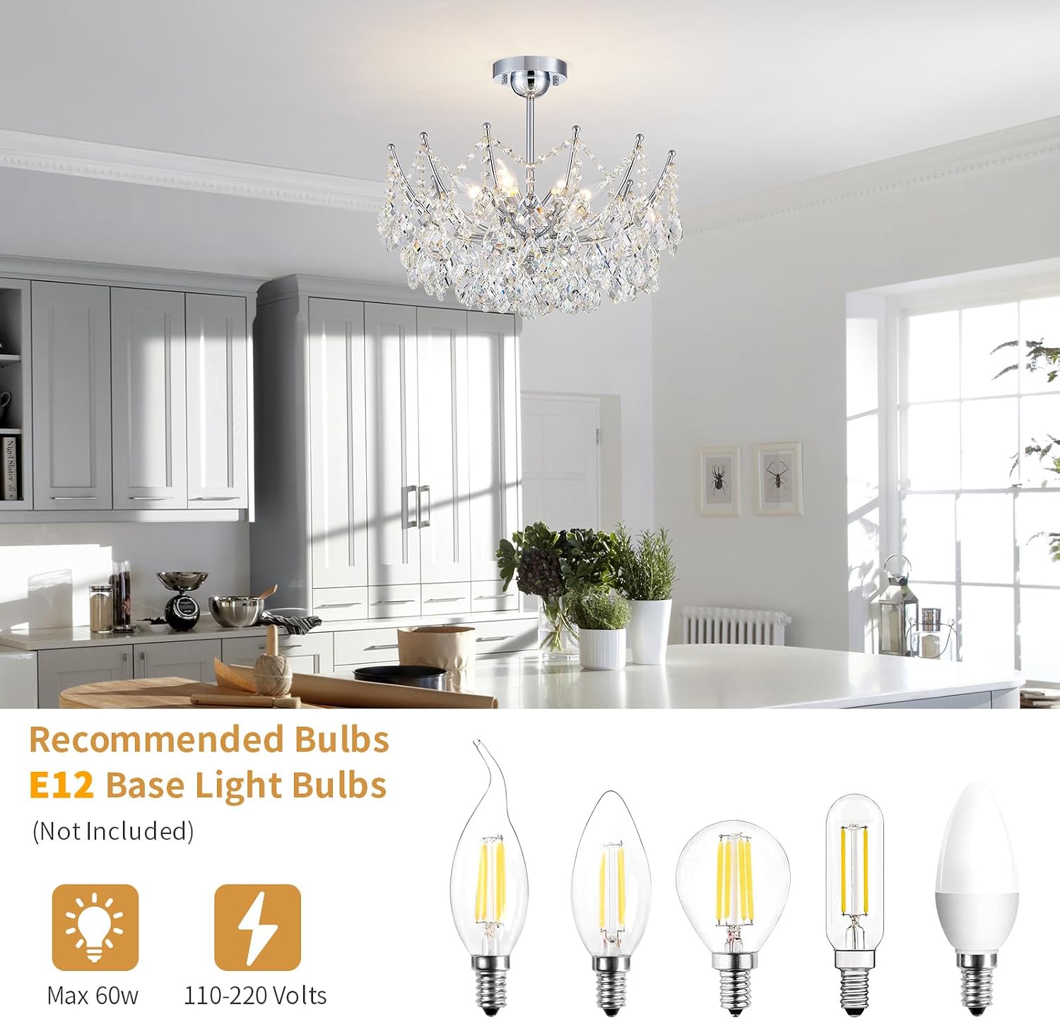 Crystal Ceiling Light Fixture, 6-Lights Modern Crystal Chandeliers for Dining Room Light Fixture, Semi Flush Mount Ceiling Light for Bedroom Kitchen Hallway Entryway Foyer Bathroom Living Room