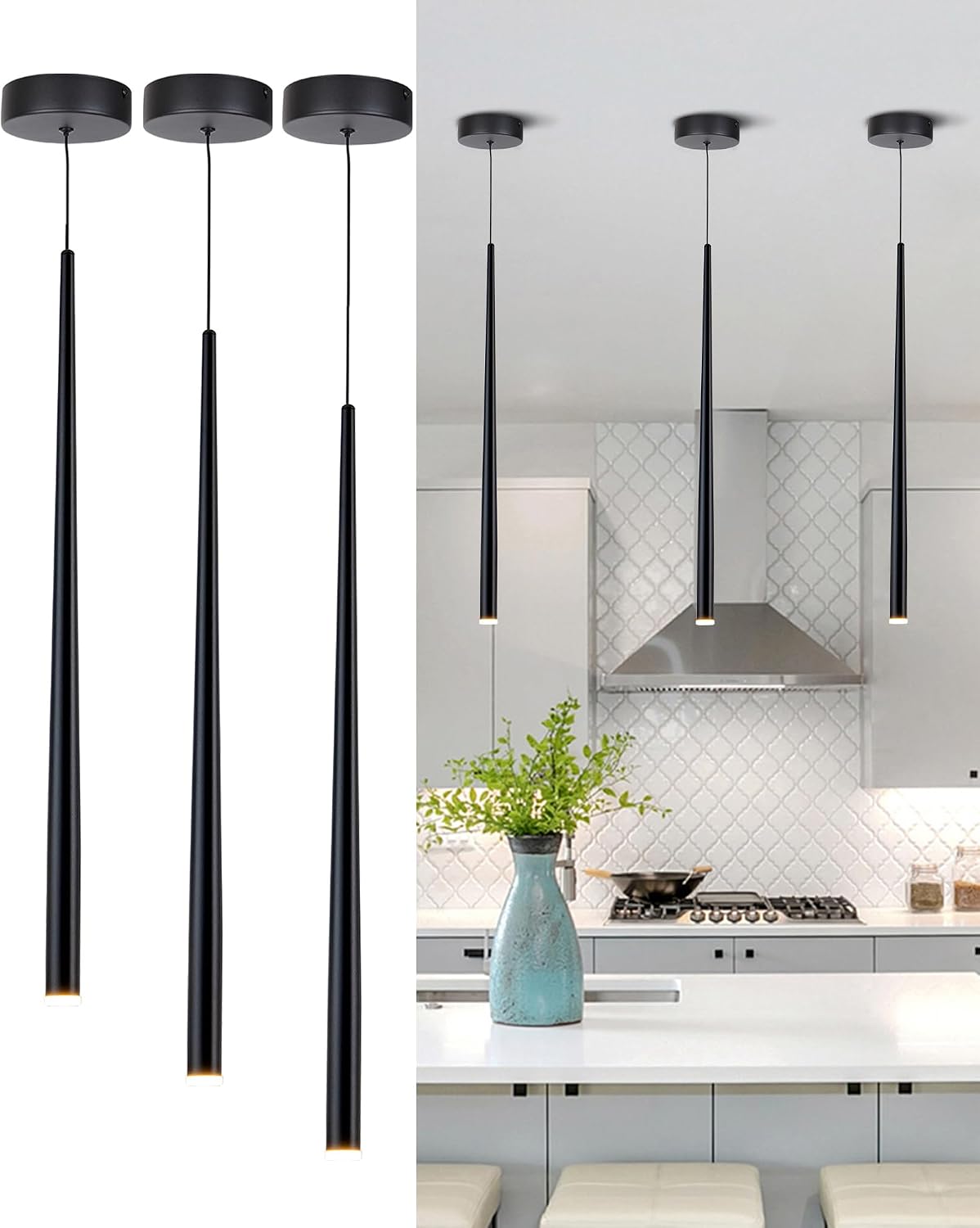 3 Pack Modern Black Pendant Lights, 27.5' Long Industrial Tube Hanging Light Fixture with Dimmable 4000K LED for Kitchen Island, Dining Room, Bar, Bathroom