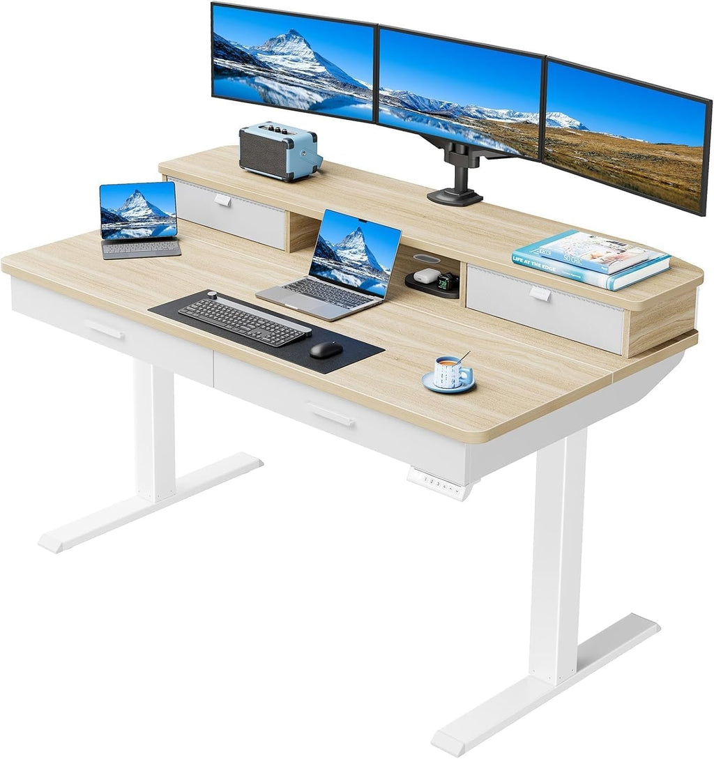 HUANUO 55 x 30 inch Standing Desk with Wood Drawers,Electric Stand up Home Office Desk Adjustable Height with Two Tiers, Natural Ergonomic Stand up Desk with Monitor Stand