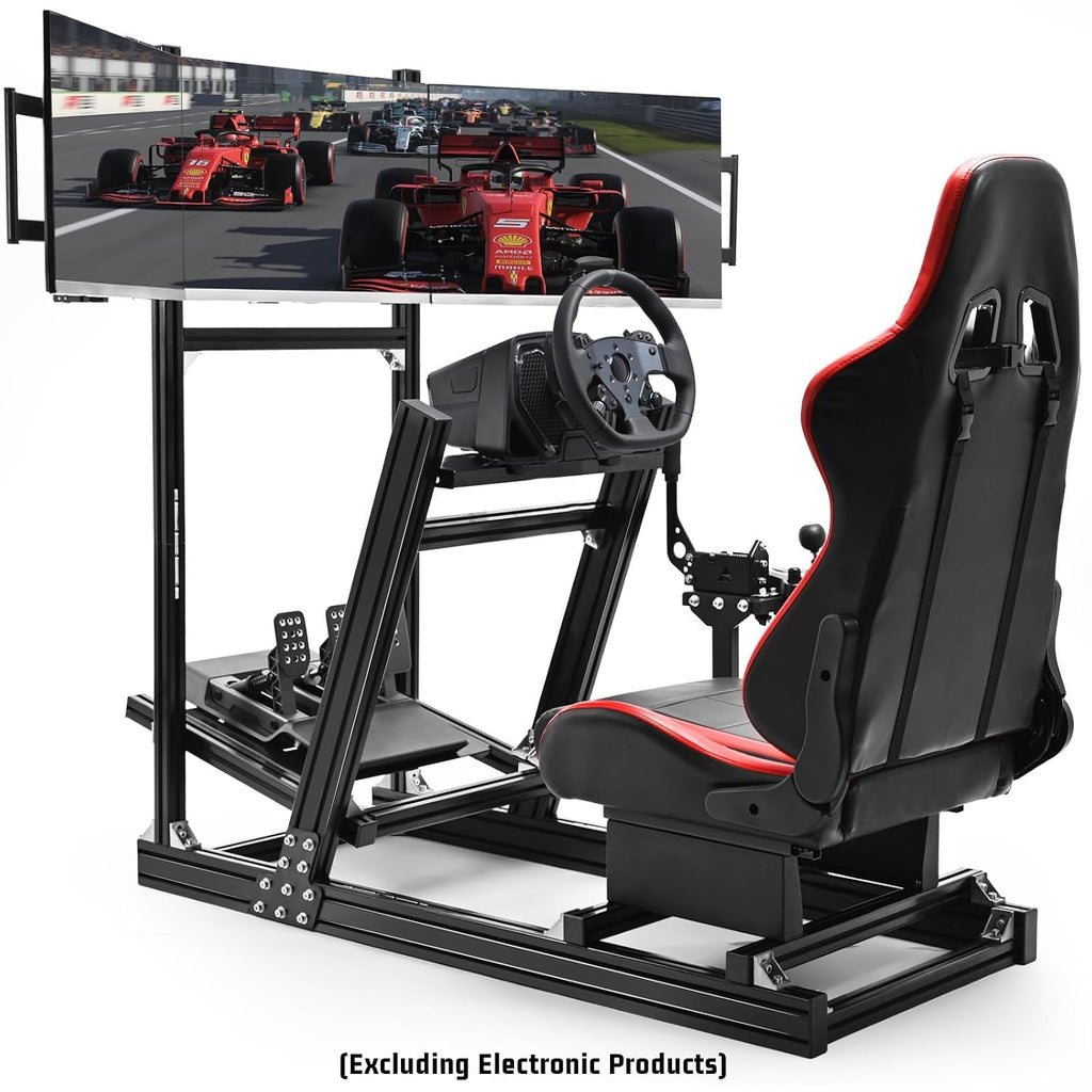 Supllueer 8040 Aluminum Sim Racing Cockpit with 3 Display Stand and Gaming Seat, Compatible with Logitech G29 G920, for Thrustmaster T150 T248, for Fanatec CSL-DD, for Moza R5 R9 Wheels