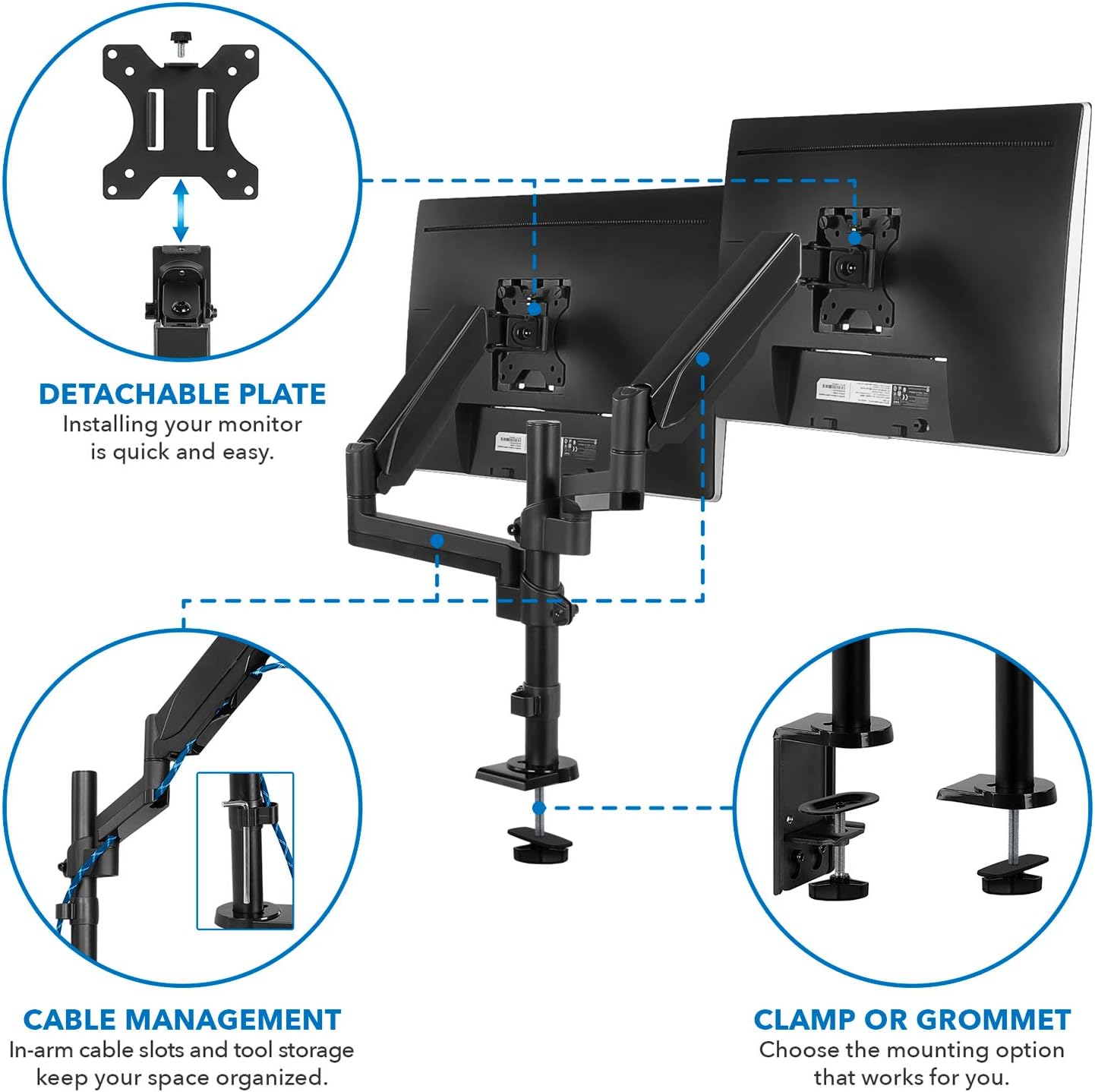 Mount-It! Dual Monitor Arm Desk Mount for 17–32' Screens, Gas Spring Adjustable Monitor Stand, Vertical Stack or Side-by-Side Setup, 17.6 lbs Each Arm, VESA 75x75 100x100, Clamp & Grommet Base MI-4762