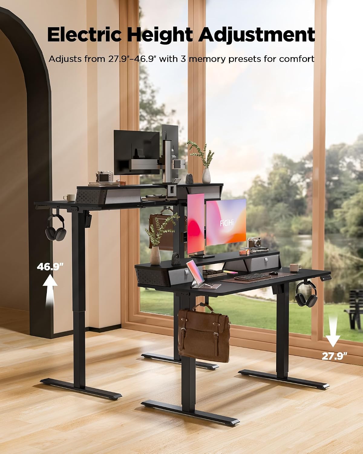 FiCiHi 35x20 Inch Standing Desk with Drawers, C-Clamp Mount Compatible, Electric Adjustable Height Computer Small Stand Up Desks, Home Office Sit Stand Table with 3 Preset Heights, Black