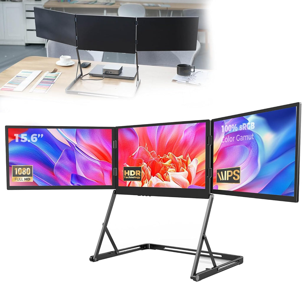 3 Monitor Setup for Laptop, Screen Extender, 15.6-inch 1080P, with 360-degree Rotation, Adjustable Angles, Monitor for Laptop, for Windows/Linux/Mac Black