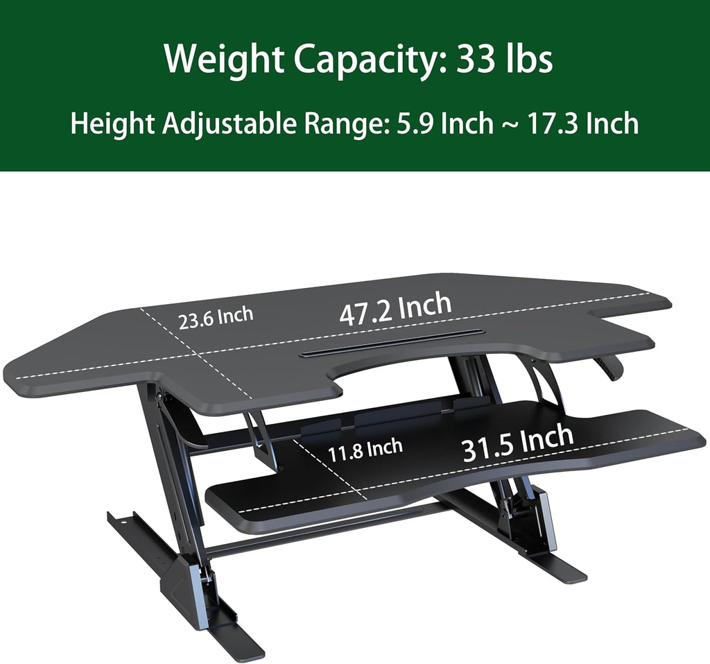 47 inch Corner Standing Desk Converter, Height Adjustable Sit Stand Desk Riser, Black, GSD06T