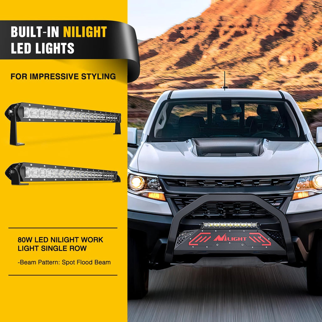 Nilight Bull Bar with Light fits Chevy Colorado (Excl. ZR2) 2015-2022 & GMC Canyon 2015-2022 Front Bumper Grille Brush Push Guard with Skid Plate Licence Plate Hole Black