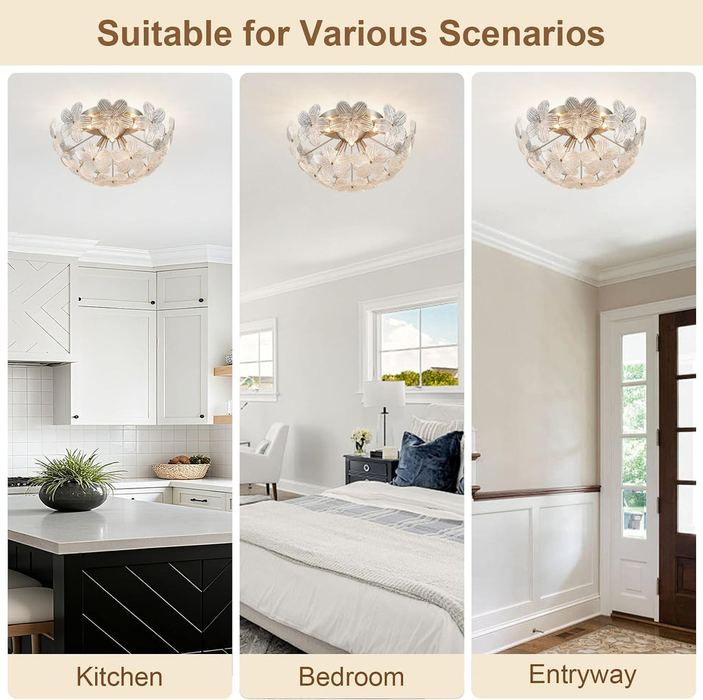 Modern Small Semi Flush Mount Ceiling Light Fixture, Flower Brush Nickel Ceiling Light Glass Chandelier for Bedroom Bathroom Closet Entryway Living Room Indoor Kitchen Foyer Hallway