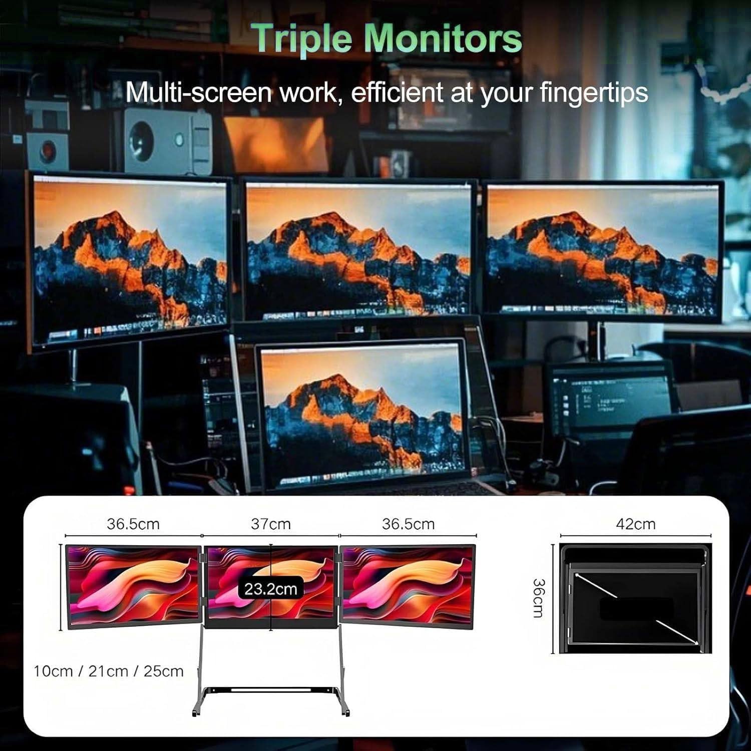 15.6' Laptop Tri-Fold Monitor, 1080p Fhd Portable Laptop Screen Extender, Type-C/HDMI/USB-C Triple Monitor with 360° Rotation Adjustable Viewing Angles Compatible with Windows and Macos