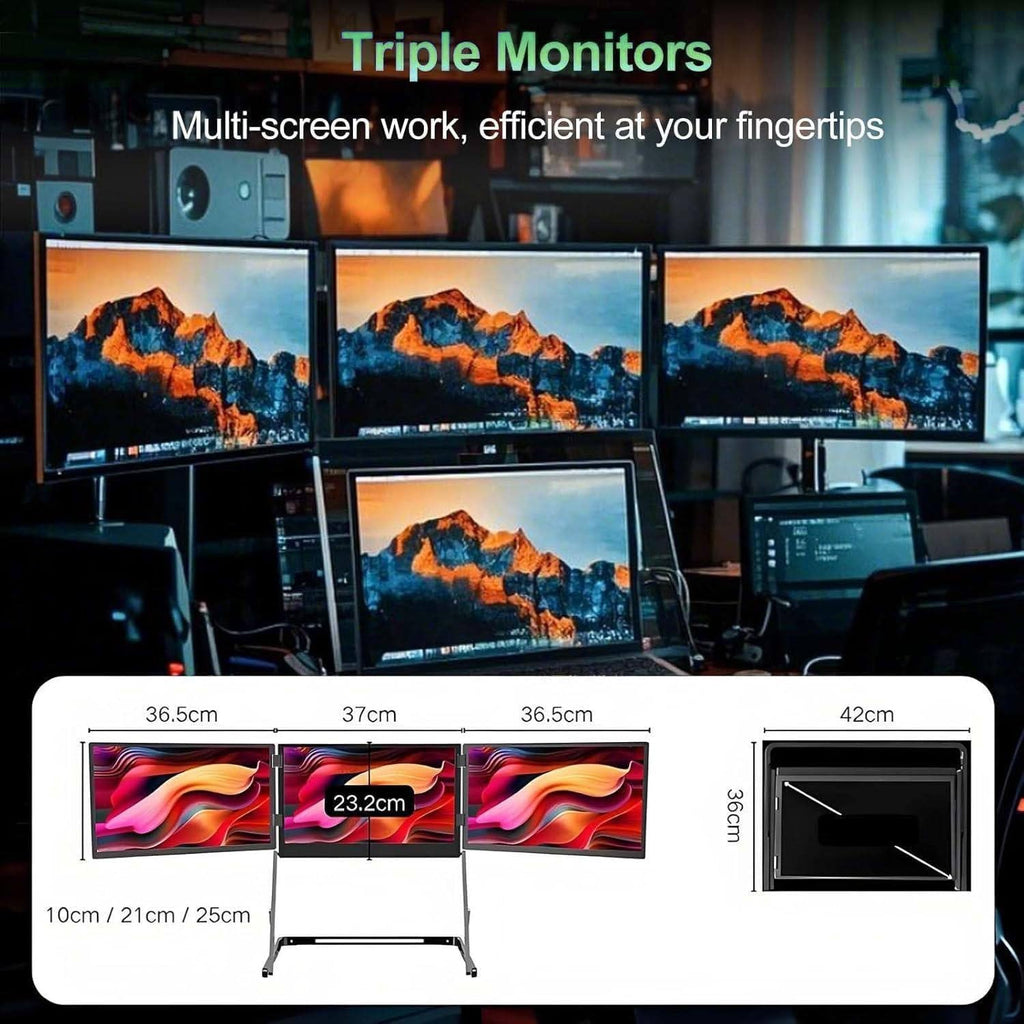 Tri-Fold Laptop Monitor, 15.6' Pro Premium Laptop Screen Extender, Type-C/HDMI/USB-C with 360° Rotation Adjustable Viewing Angles Compatible for Windows and Mac, for Office and Remote Work