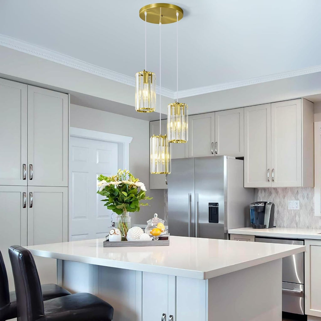 Gold Pendant Lighting Modern Pendant Light, Mini Crystal Chandeliers,Adjustable Pendant Light Fixture for Kitchen Island Dinning Room Corridor Bedroom(Gold 3-Light)