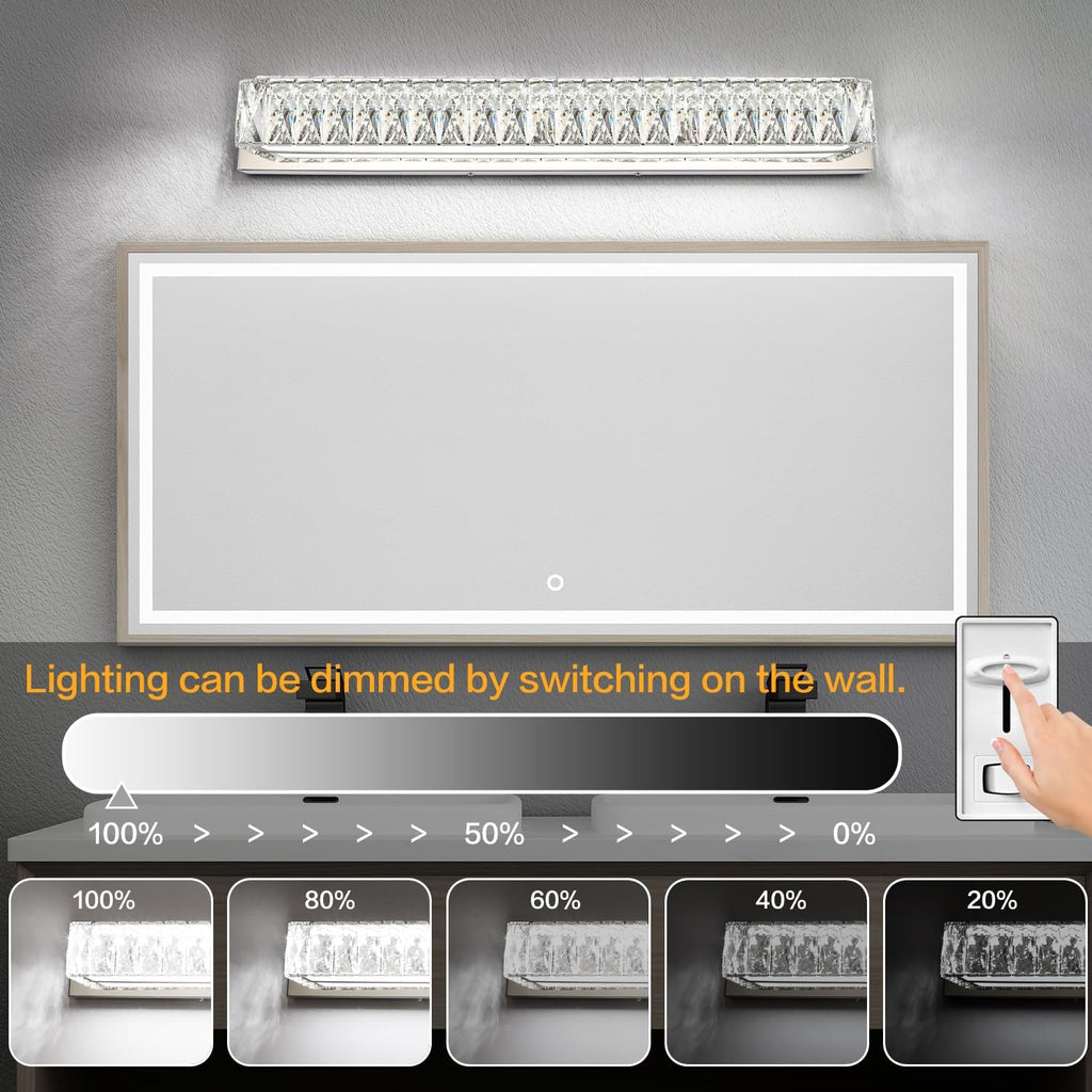 30in LED Bathroom Lights Over Mirror Modern Crystal Vanity Lights Bar Chrome Wall Lighting for Bath