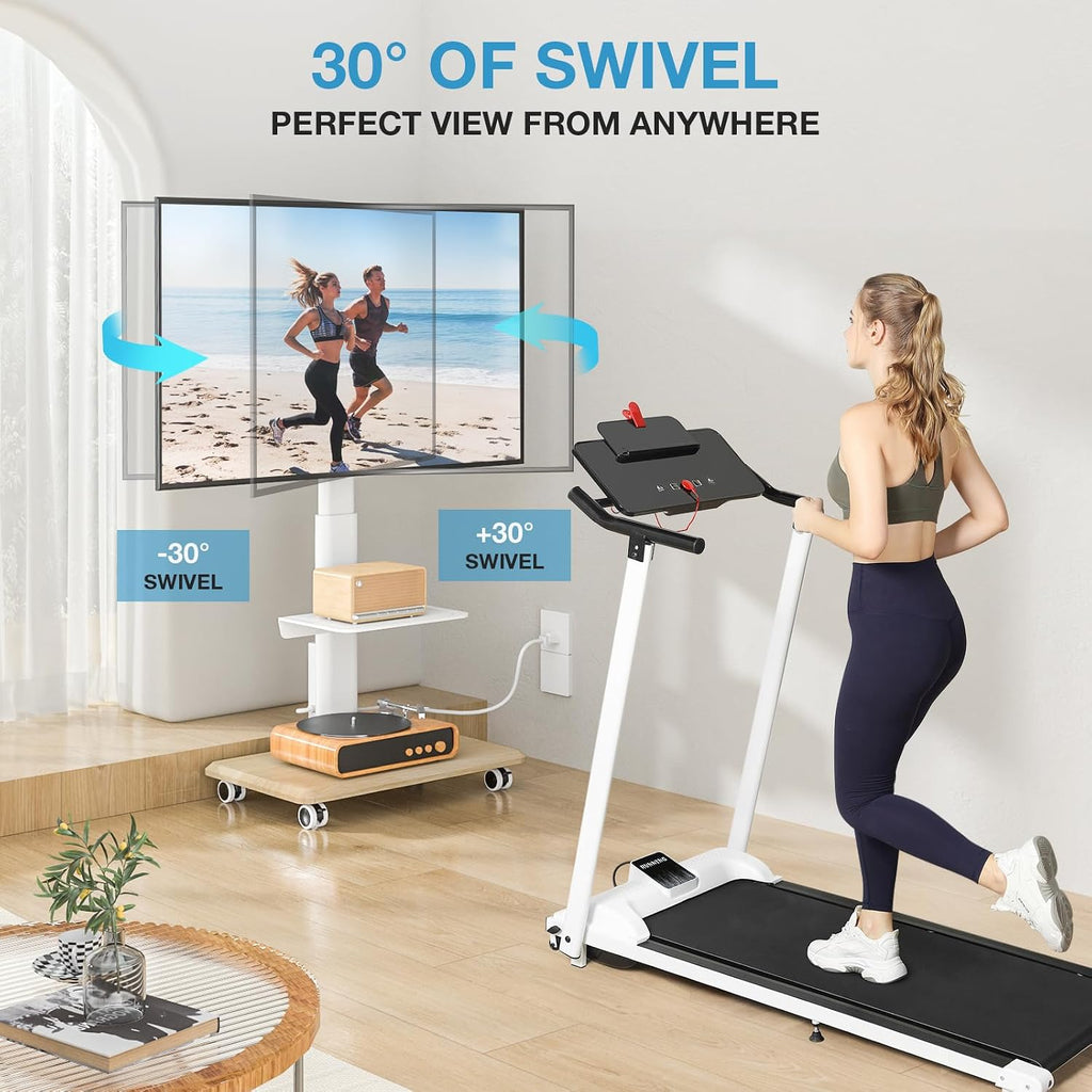 YOMT Rolling TV Stand with Power Outlet, Swivel Portable TV Stand for 32-70 inch TVs up to 88 lbs, Height Adjustable Mobile TV Cart with Wood Base for Optimal Viewing, White