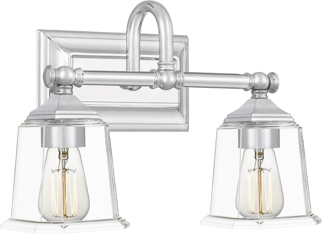 Quoizel Nicholas Vanity Lights, 15 Inch 2-Light Polished Chrome Bathroom Lighting Fixtures Over Mirror, 100W, Clear Glass, Mid-Century Wall Mount Light for Bathrooms, Kitchen or Hallway