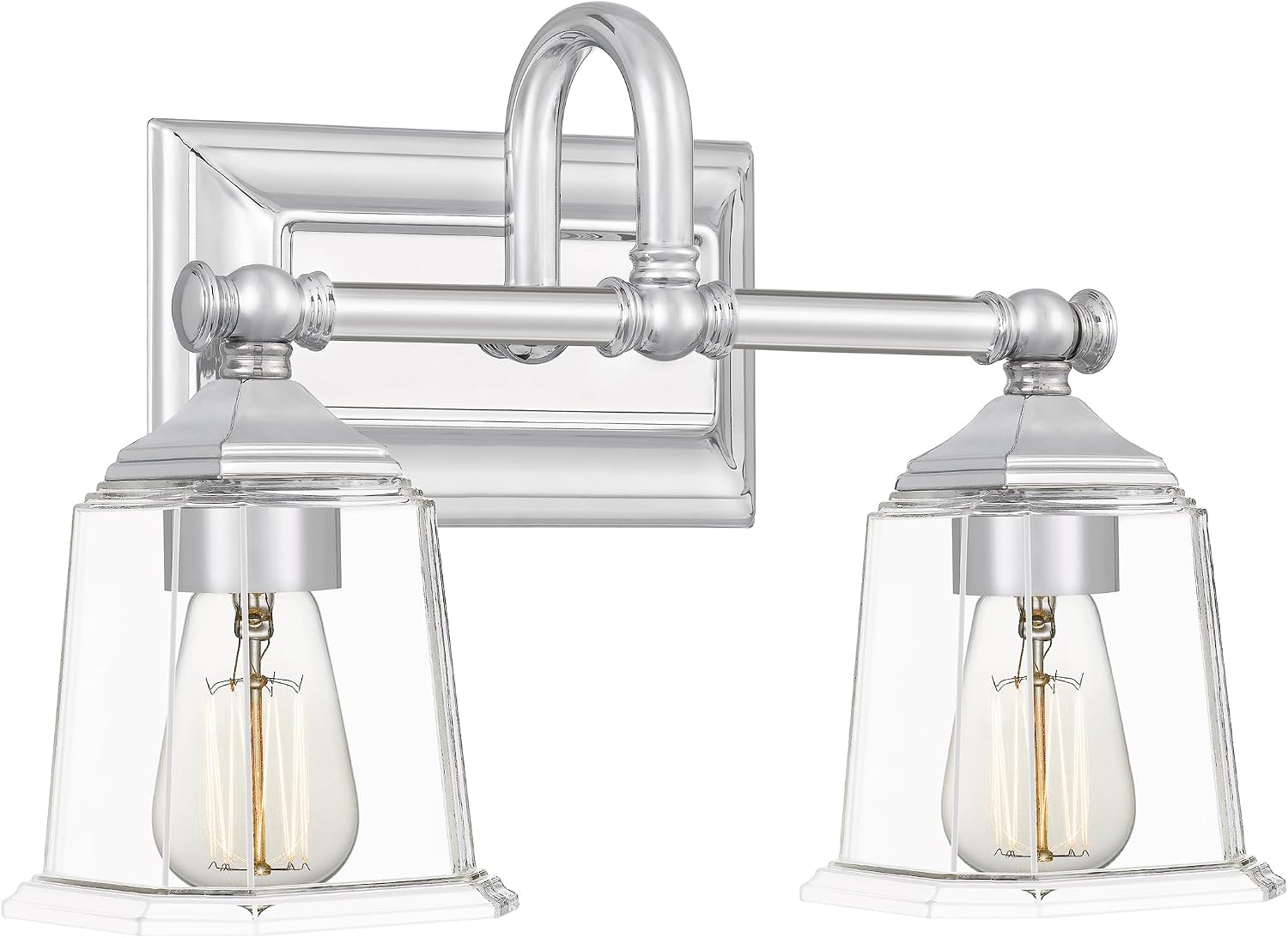 Quoizel Nicholas Vanity Lights, 15 Inch 2-Light Polished Chrome Bathroom Lighting Fixtures Over Mirror, 100W, Clear Glass, Mid-Century Wall Mount Light for Bathrooms, Kitchen or Hallway