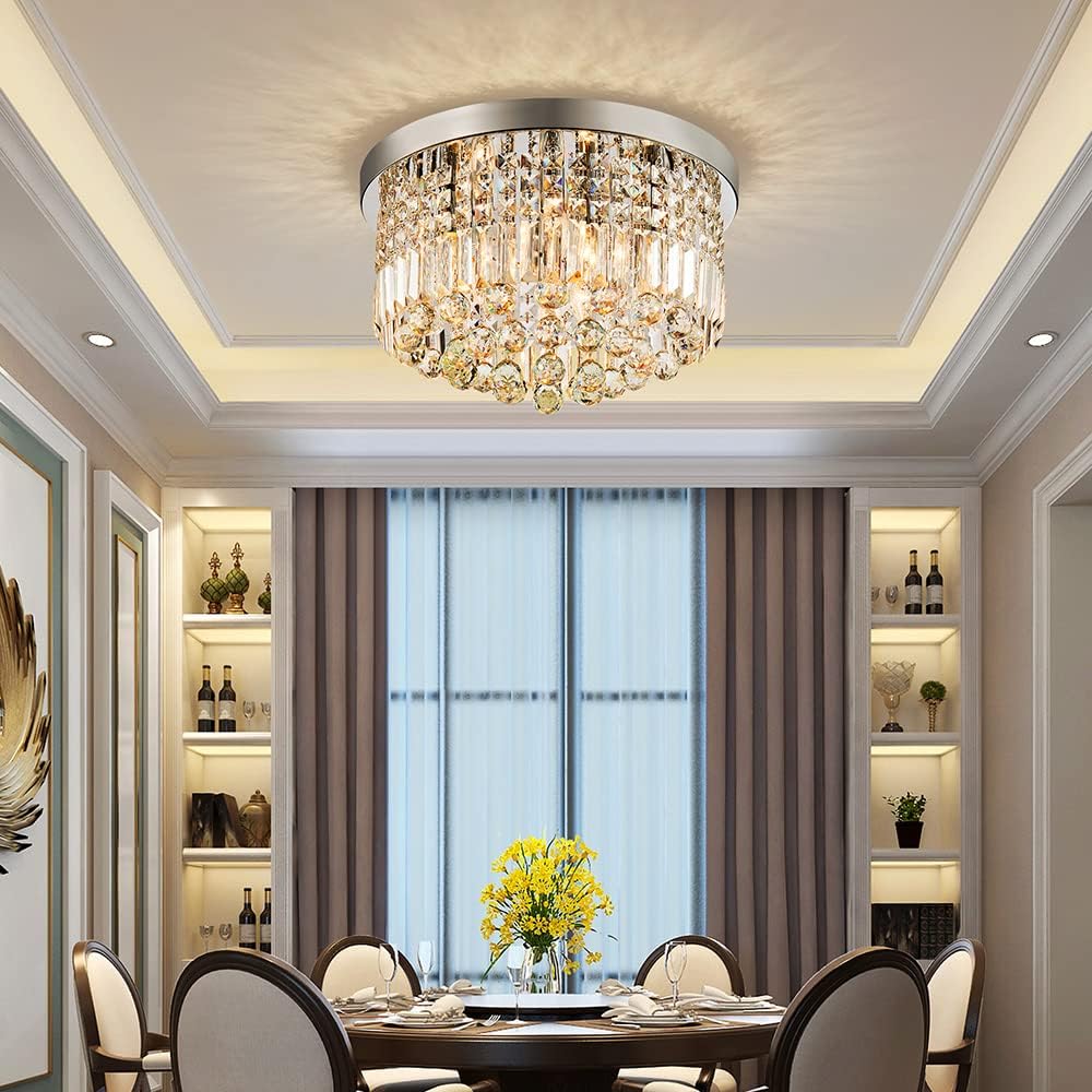 Saint Mossi Modern K9 Crystal Raindrop Chandelier Lighting Flush Mount LED Ceiling Light Fixture Pendant Lamp for Dining Room Bathroom Bedroom Livingroom 9 E12 LED Bulbs Required Height 11 x Width 20