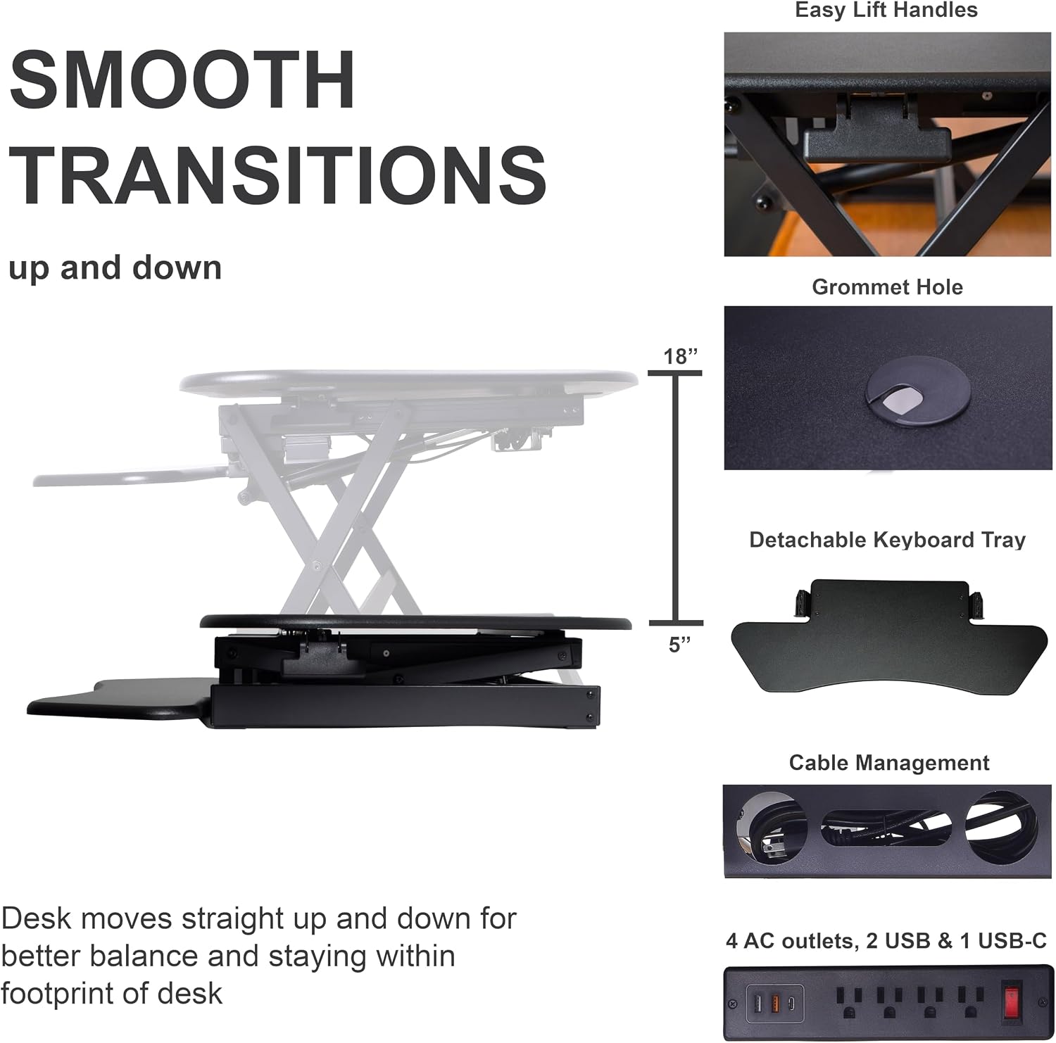 Rocelco 46' Height Adjustable Corner Standing Desk Converter with AC Outlet USB Charger and Dual Stand - Tabletop Computer Riser Workstation - Large Keyboard Tray - Black (R CADRB-46-ACUSB-DMS)