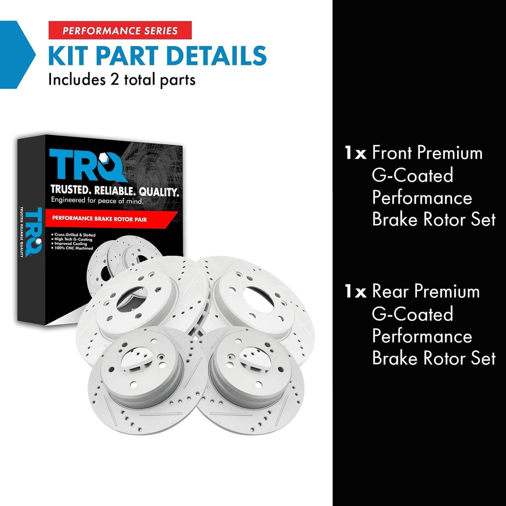 TRQ Performance Front and Rear Brake Rotor Set G Coated Drilled Slotted Compatible with 1996-2000 Mercedes-Benz C280 1996-1997 E300 1998-2004 SLK230 1999-2007 C230 2001-2005 C240