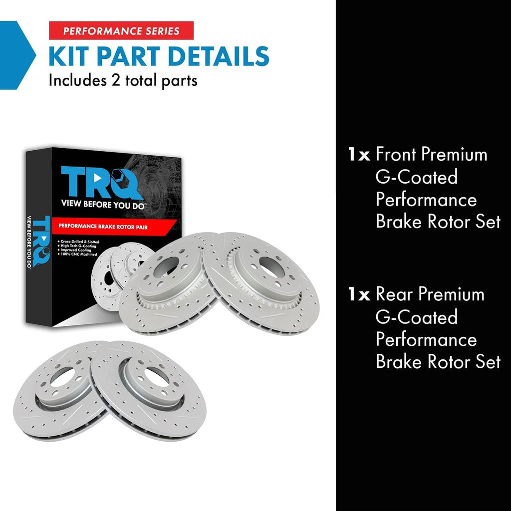 TRQ Front & Rear Brake Rotors Set Performance Premium G-Coated Slotted X Drilled Compatible with 2003-2013 Volvo XC90