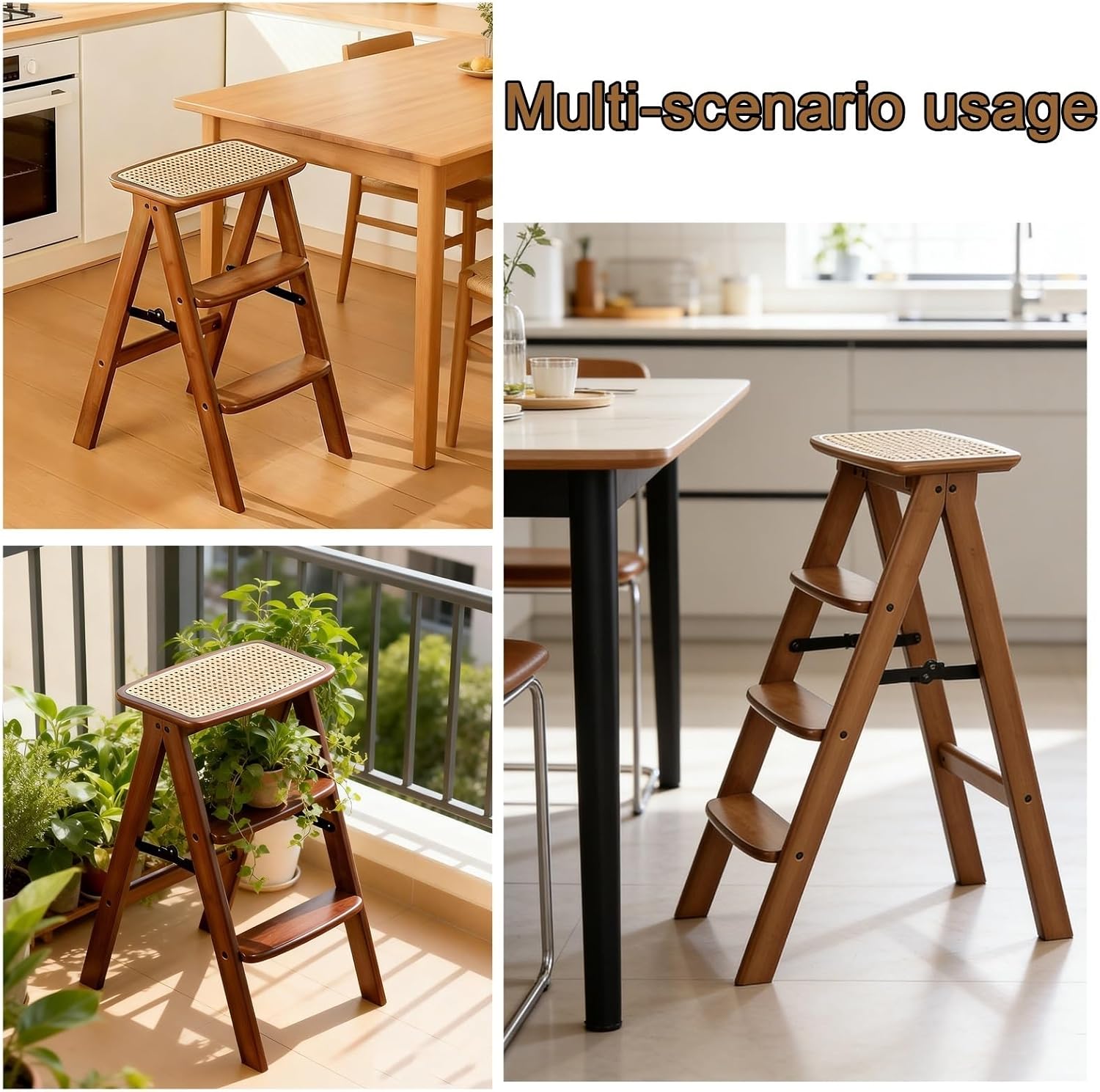 Solid Wood Folding Stool with Footrest Design Reinforced Plywood Construction Home-use Foldings Chair Triangular Load-bearing Structure Thickened Hardware Fittings Non-slip Foot Pads Rounded Edges