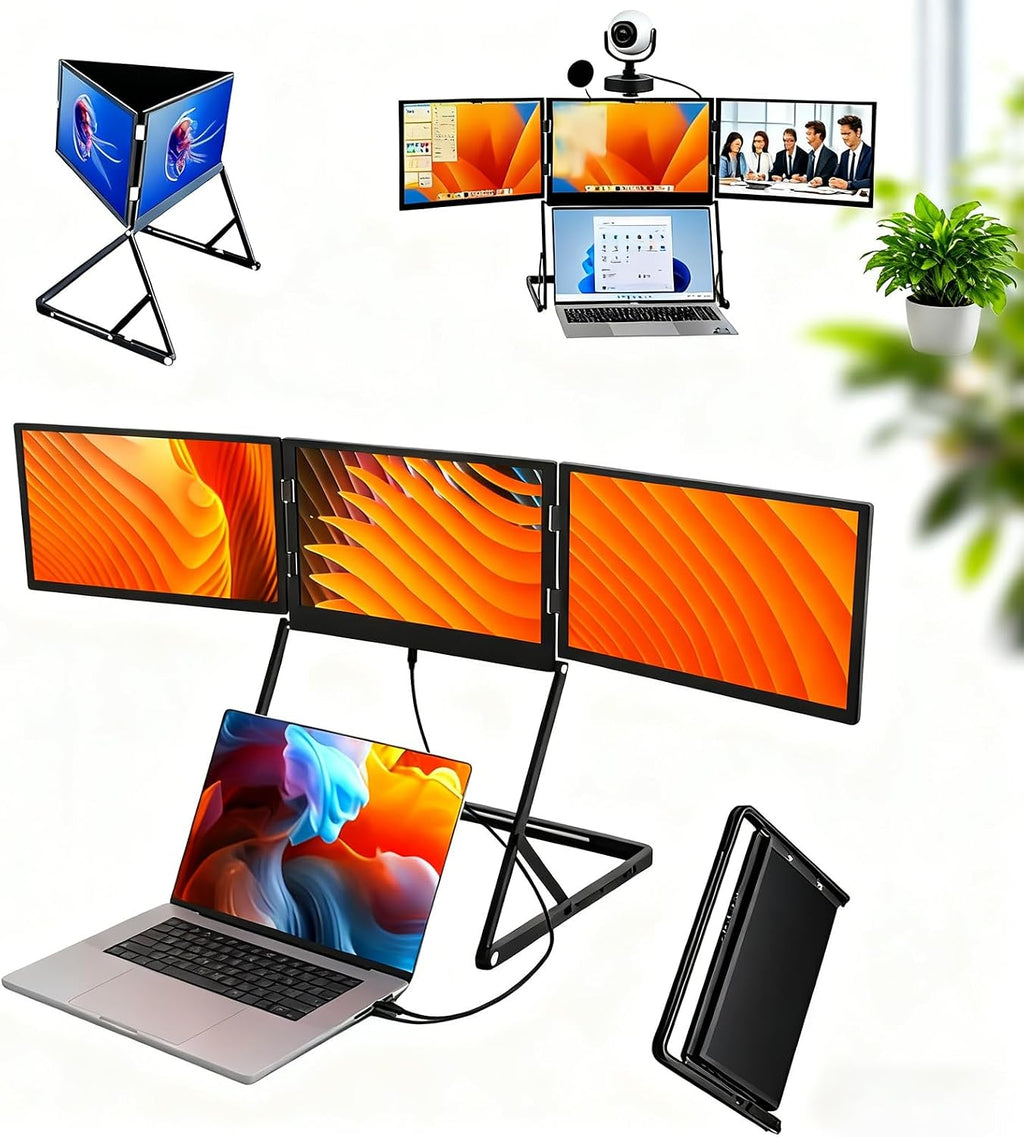 Portable Foldable Triple Monitor for Laptop, 15.6' FHD 1080P IPS Extender, HDMI/USB-C Pl-UG N Play, Windows/Mac/Android Compatible, 12-18.5in Laptops.