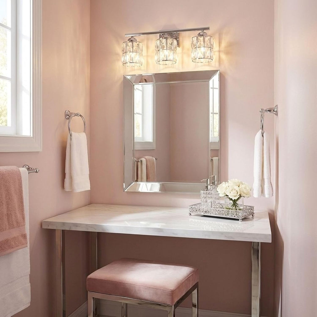 Quoizel Gibson 21' Glam Vanity Light, 3-Light, Polished Chrome Clear Crystal Glass, Dimmable, Up/Down Mount, ETL Damp-Rated