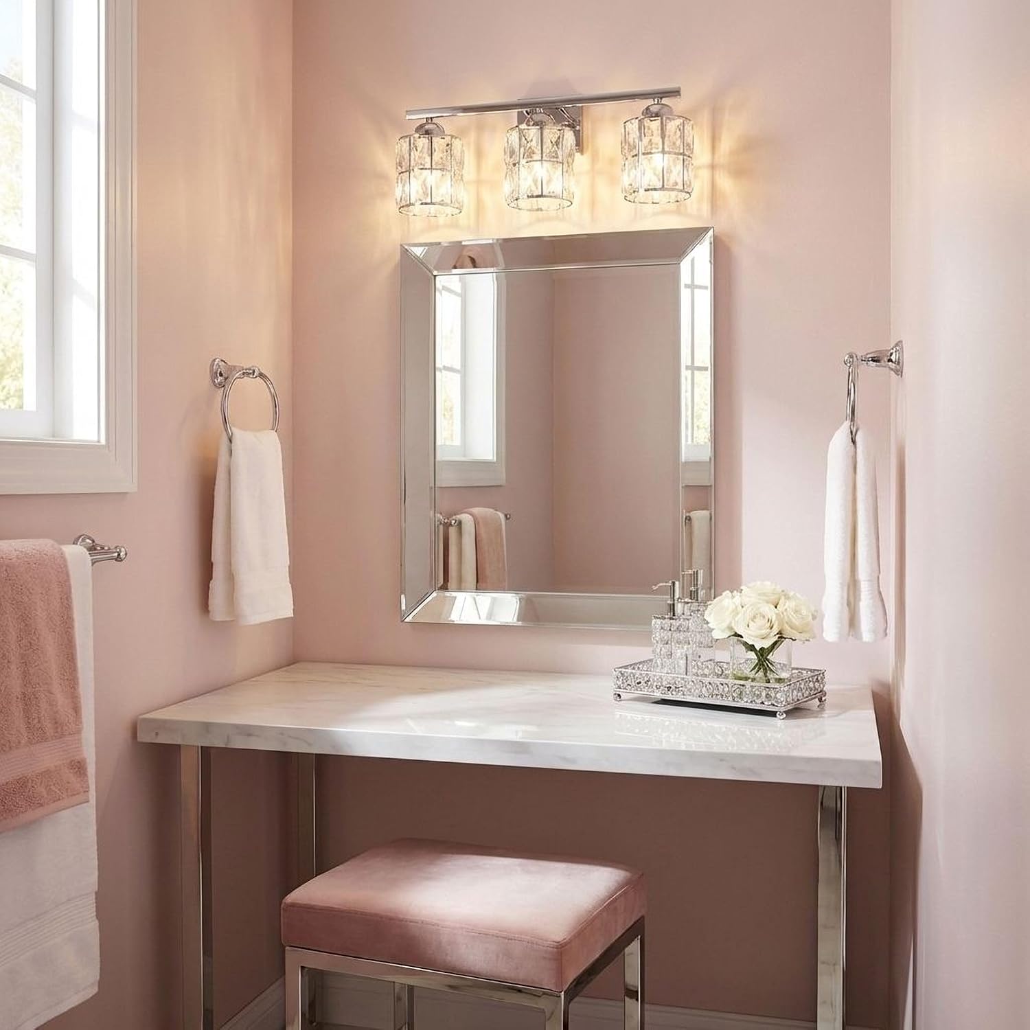 Quoizel Gibson 21' Glam Vanity Light, 3-Light, Polished Chrome Clear Crystal Glass, Dimmable, Up/Down Mount, ETL Damp-Rated