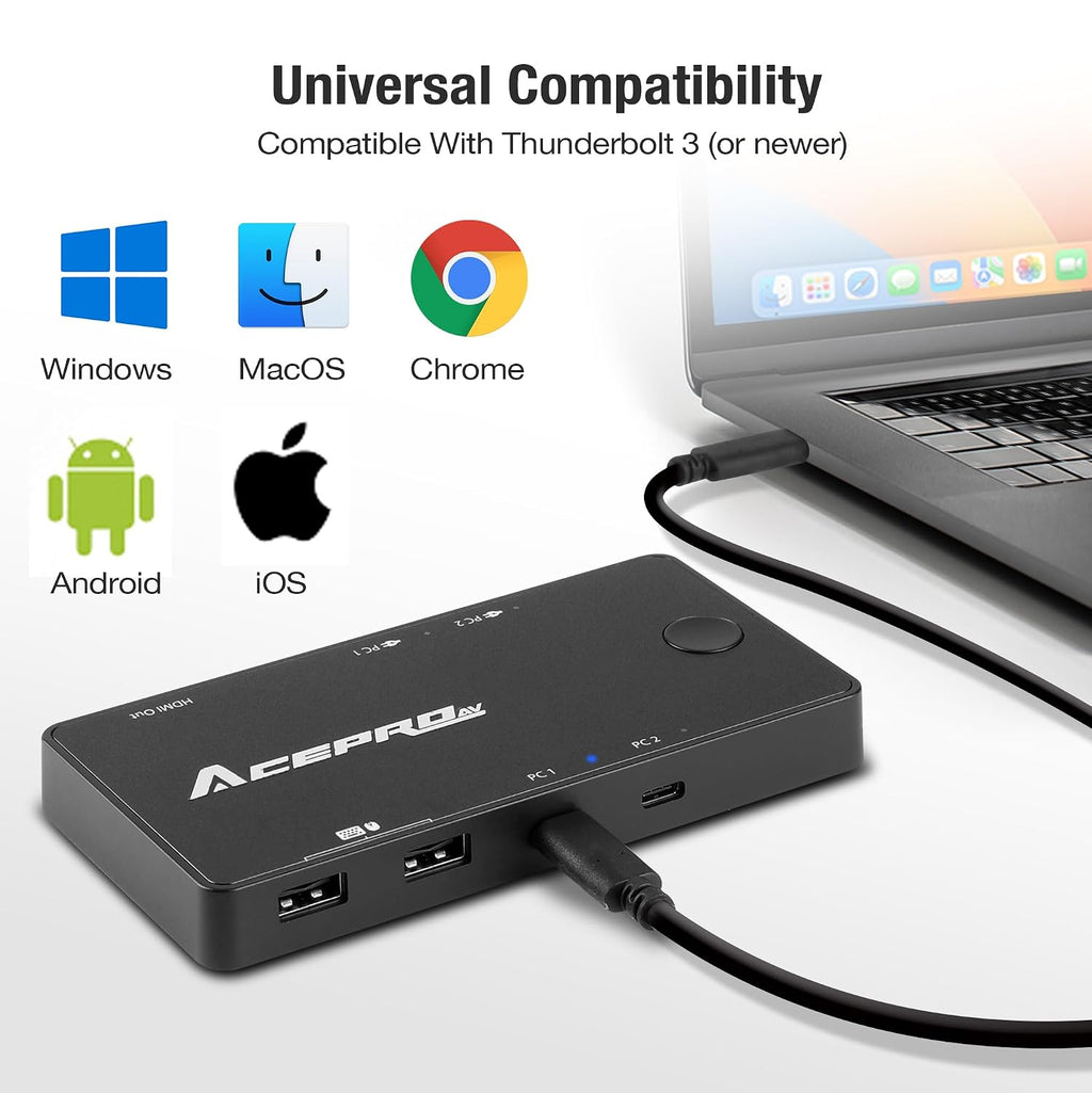 2x1 USB-C 4K60Hz KVM Switch with PD Pass-Through - Selector for 2 Computers Sharing 4K Monitor Keyboard Mouse - Includes 2 Cables for 100W Fast Charging - TAA Compliant