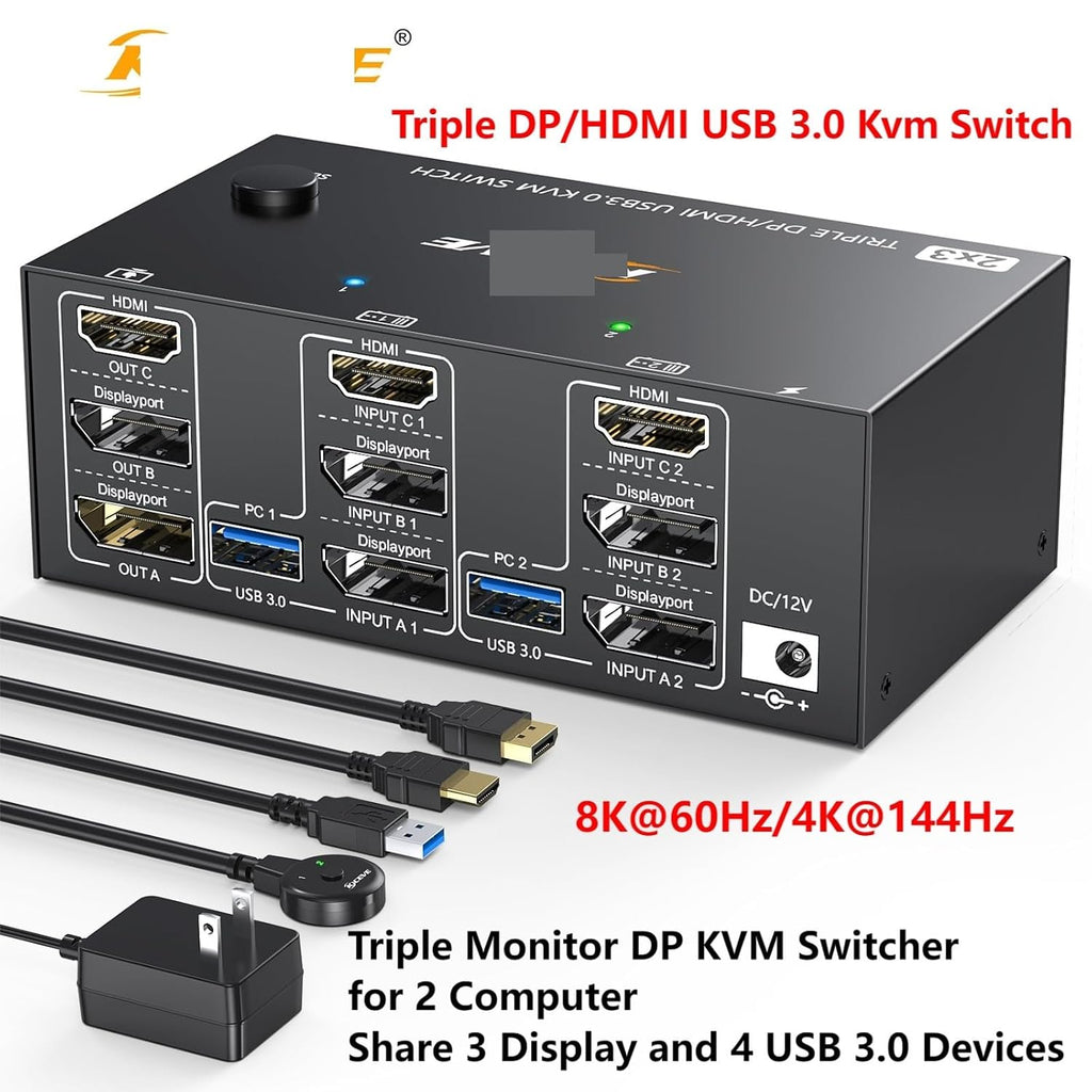 KC*EVE Triple Monitors KVM Switch 2 Displayport HDMI USB 3.0 KVM Switch 8K@60Hz 4K@144Hz 3 Monitors 2 Computers KVM with 4 USB3.0(with EU Plug)