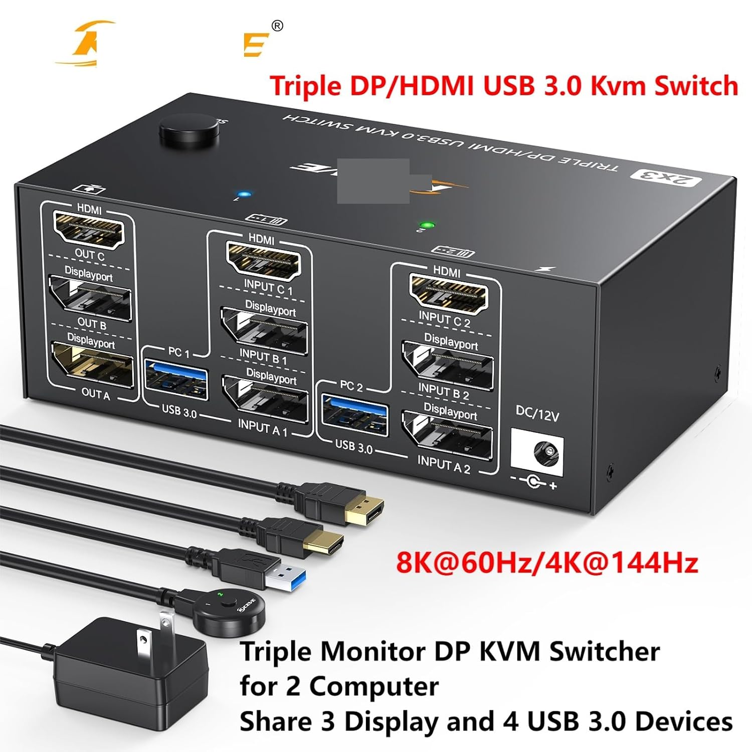 KC*EVE Triple Monitors KVM Switch 2 Displayport HDMI USB 3.0 KVM Switch 8K@60Hz 4K@144Hz 3 Monitors 2 Computers KVM with 4 USB3.0(with EU Plug)