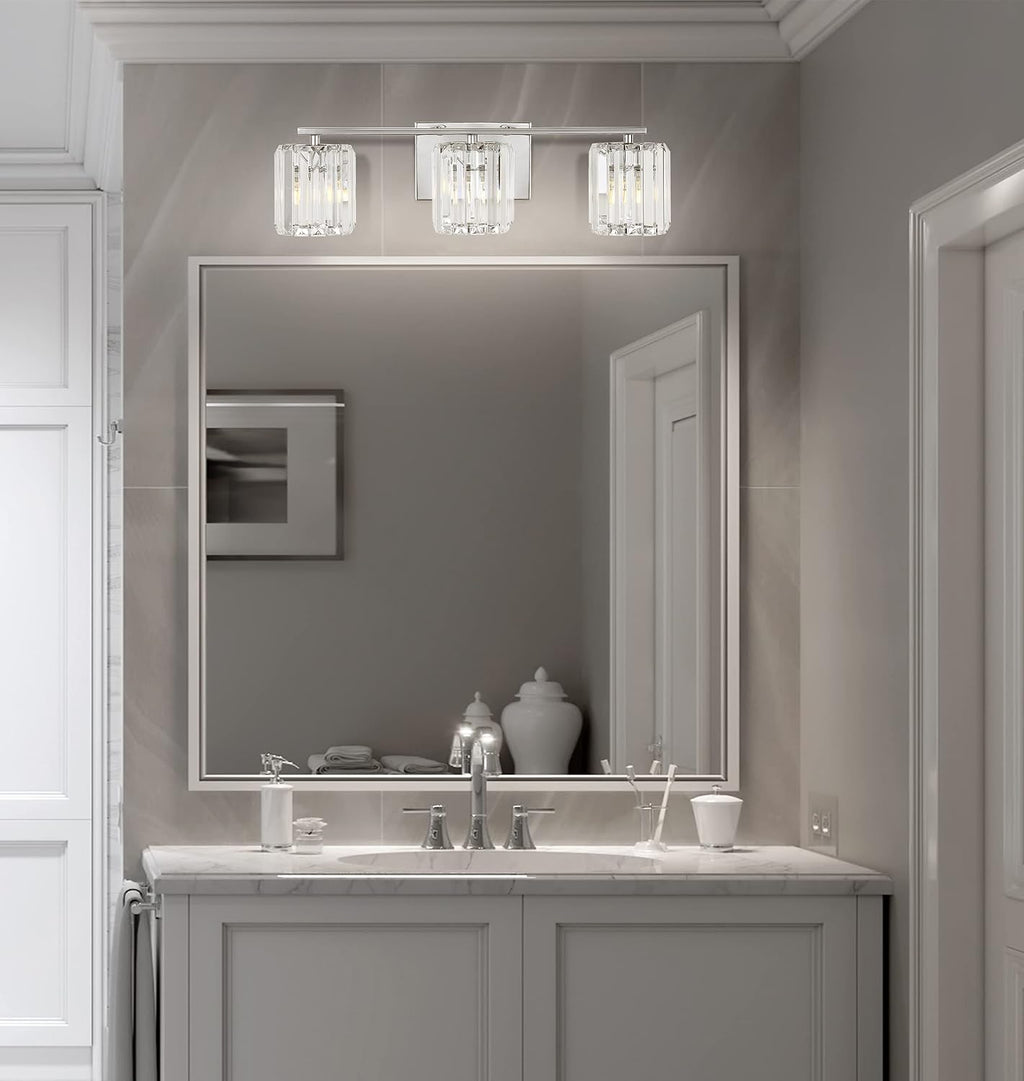 JONATHAN Y 4.75' Chrome 3-Light Vintage Glam LED Vanity Light Wall Sconce Fixture with Clear Crystal Prism Shade, Hardwired Wall Lamp for Bathroom Mirror Hallway, LED Bulb Included (JYL3554A)