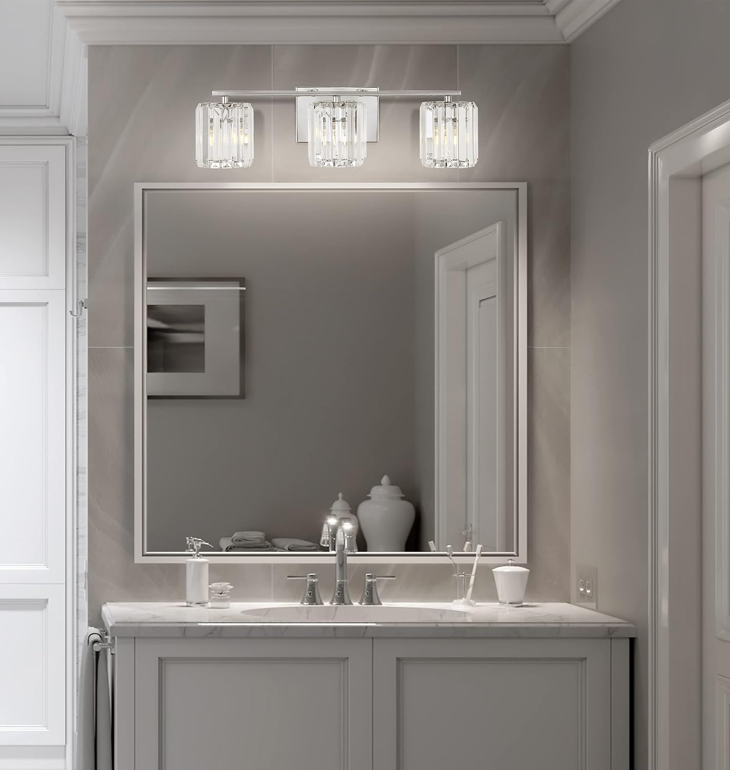 JONATHAN Y 4.75' Chrome 3-Light Vintage Glam LED Vanity Light Wall Sconce Fixture with Clear Crystal Prism Shade, Hardwired Wall Lamp for Bathroom Mirror Hallway, LED Bulb Included (JYL3554A)