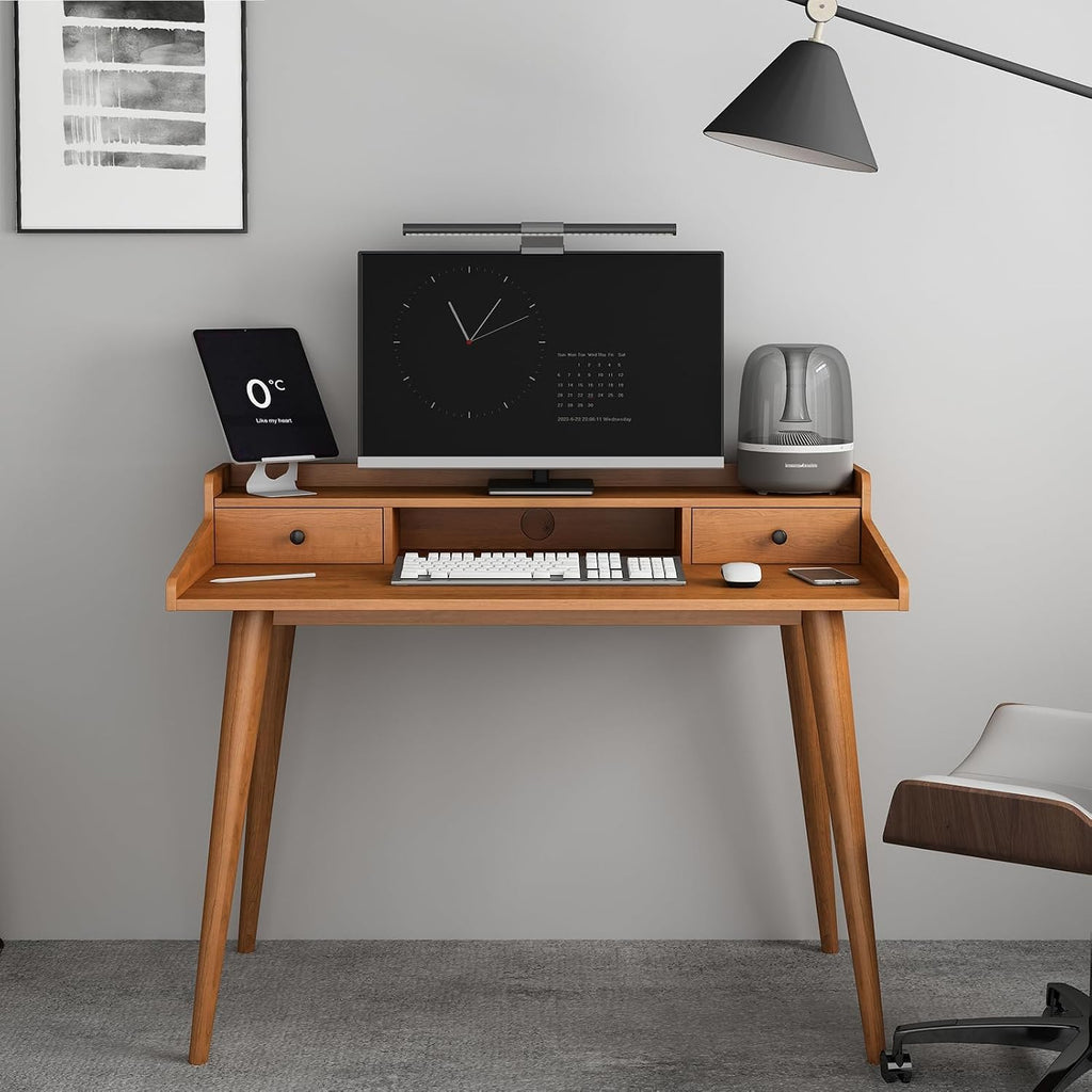 Mid Century Modern Desk, 41' Wood Home Office Writing Computer or Laptop Desk with Monitor Stand Riser and Open Storage Cubby, Vanity Desk with 2 Drawers