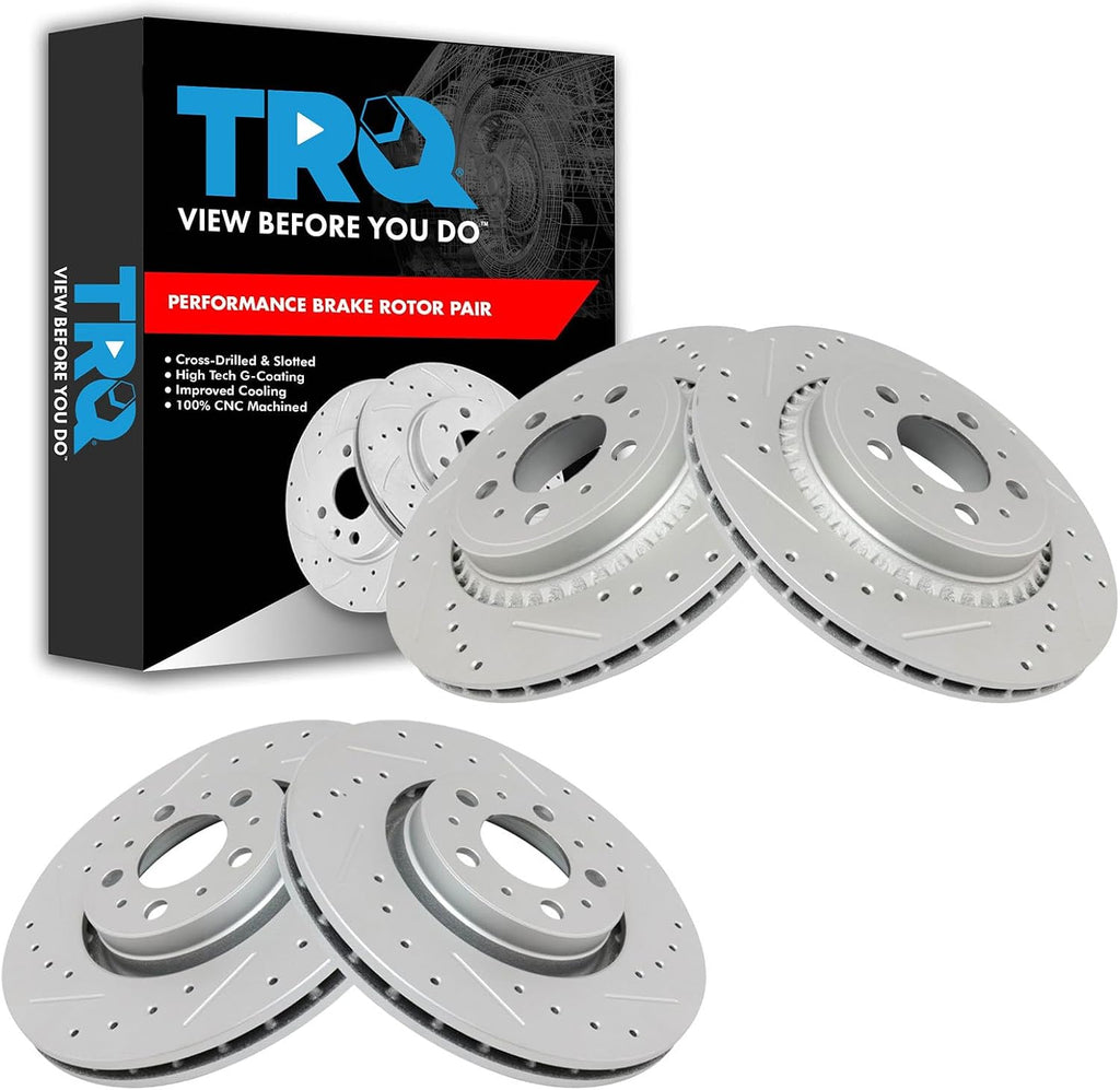TRQ Front & Rear Brake Rotors Set Performance Premium G-Coated Slotted X Drilled Compatible with 2003-2013 Volvo XC90