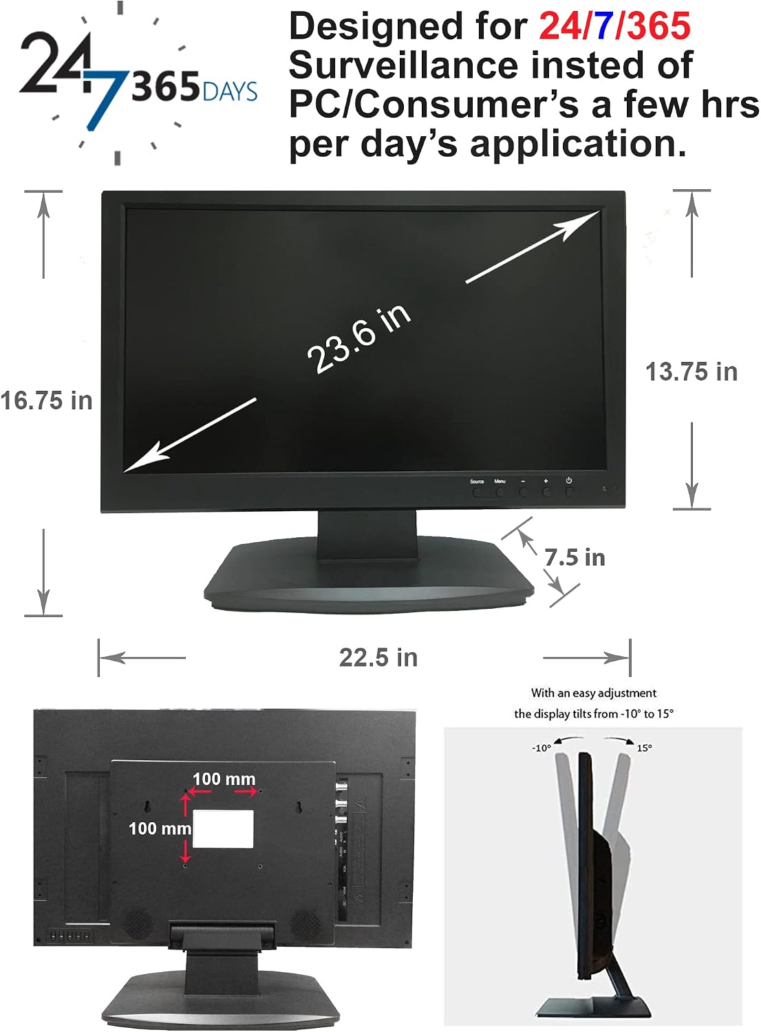 1stPV 23.6' Super HD 5MP/2592x1944 16:9 Professional Security Monitor, 1 HDMI, 2 BNC Inputs(HD-TVI/AHD/CVI/CVBS) & 2 BNC Outputs, working with 5MP security cameras directly in addition to DVR/NVR & PC