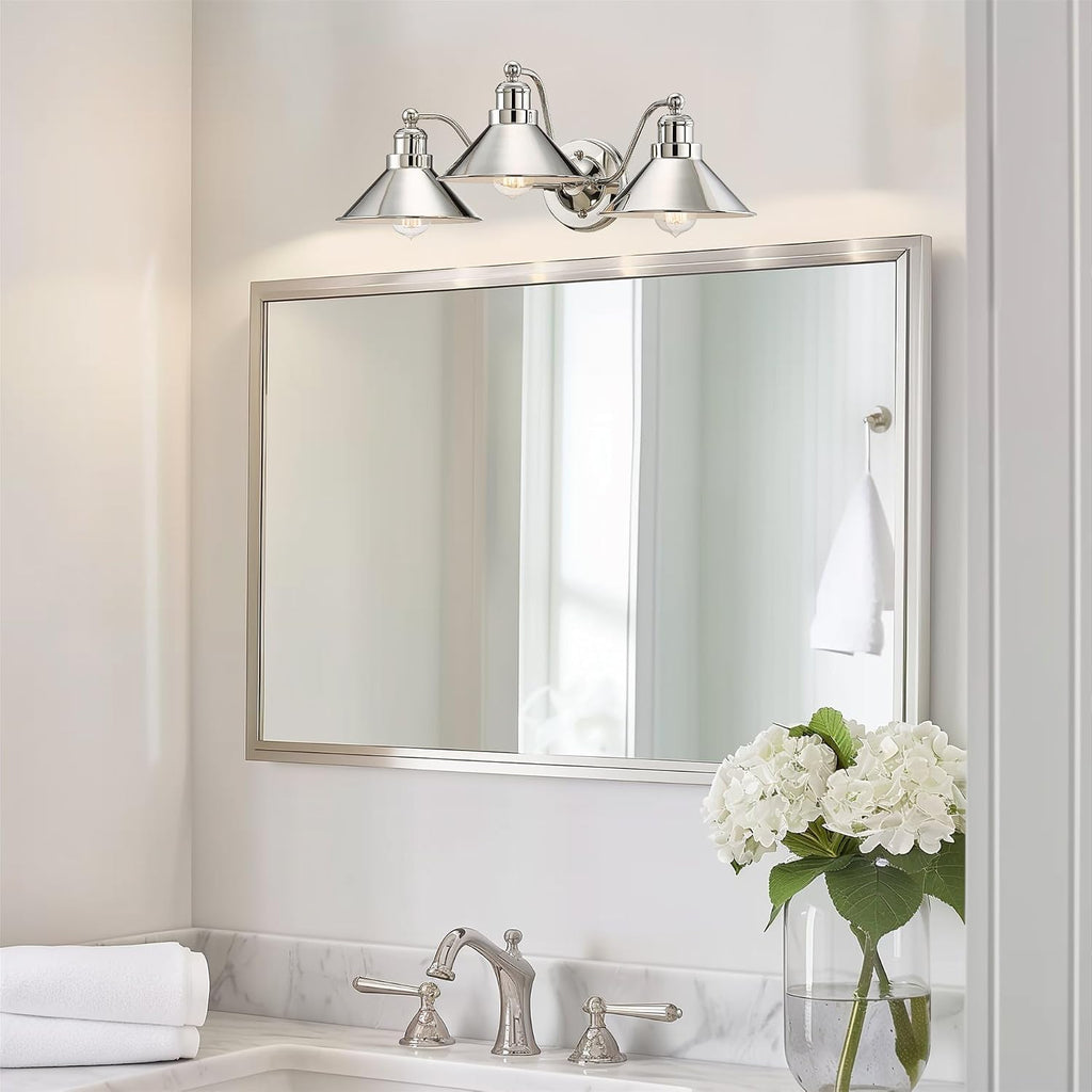 Kira Home Welton 25.5' 3-Light Modern Farmhouse Vanity Light with Funnel Shades, Industrial Wall Sconce Bathroom Light, Polished Nickel Finish
