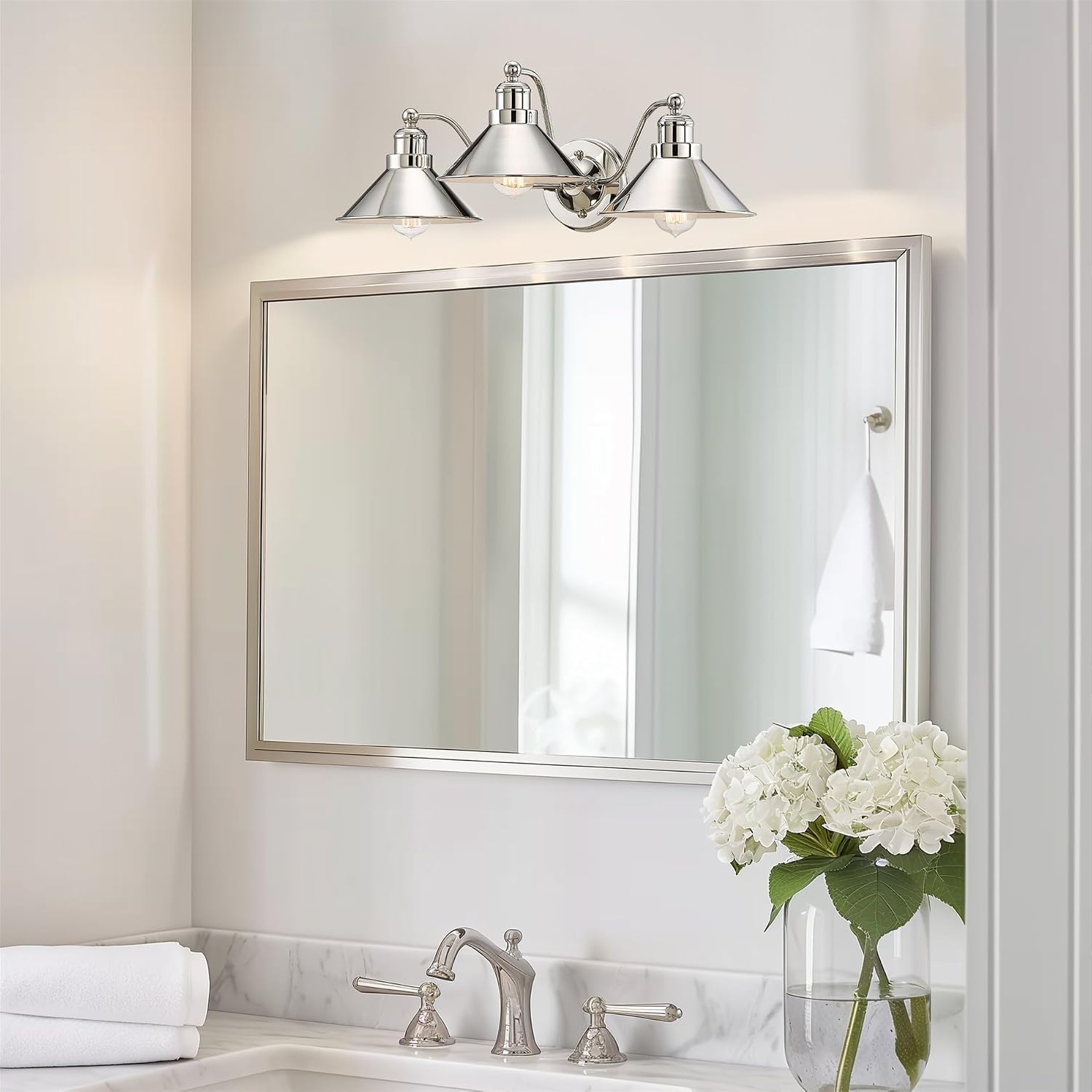 Kira Home Welton 25.5' 3-Light Modern Farmhouse Vanity Light with Funnel Shades, Industrial Wall Sconce Bathroom Light, Polished Nickel Finish