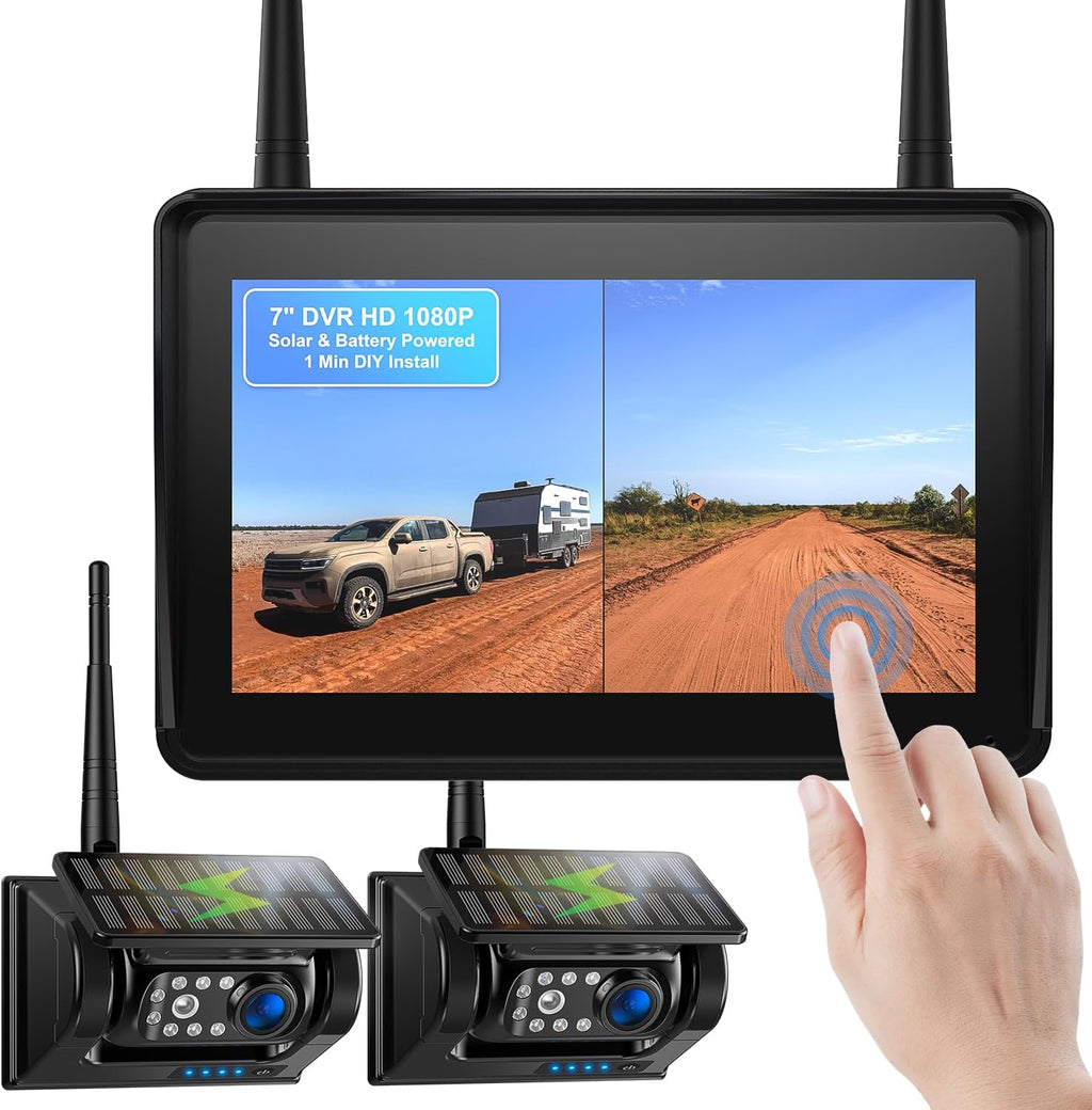 Fookoo 2 Magnetic Solar Wireless Backup Camera 7' IPS Touchscreen Monitor 1 Min DIY Install Portable Scratch-Proof No Drilling HD 1080P DVR Rechargeable Night Vision for Car RV Truck Camper - DCM702