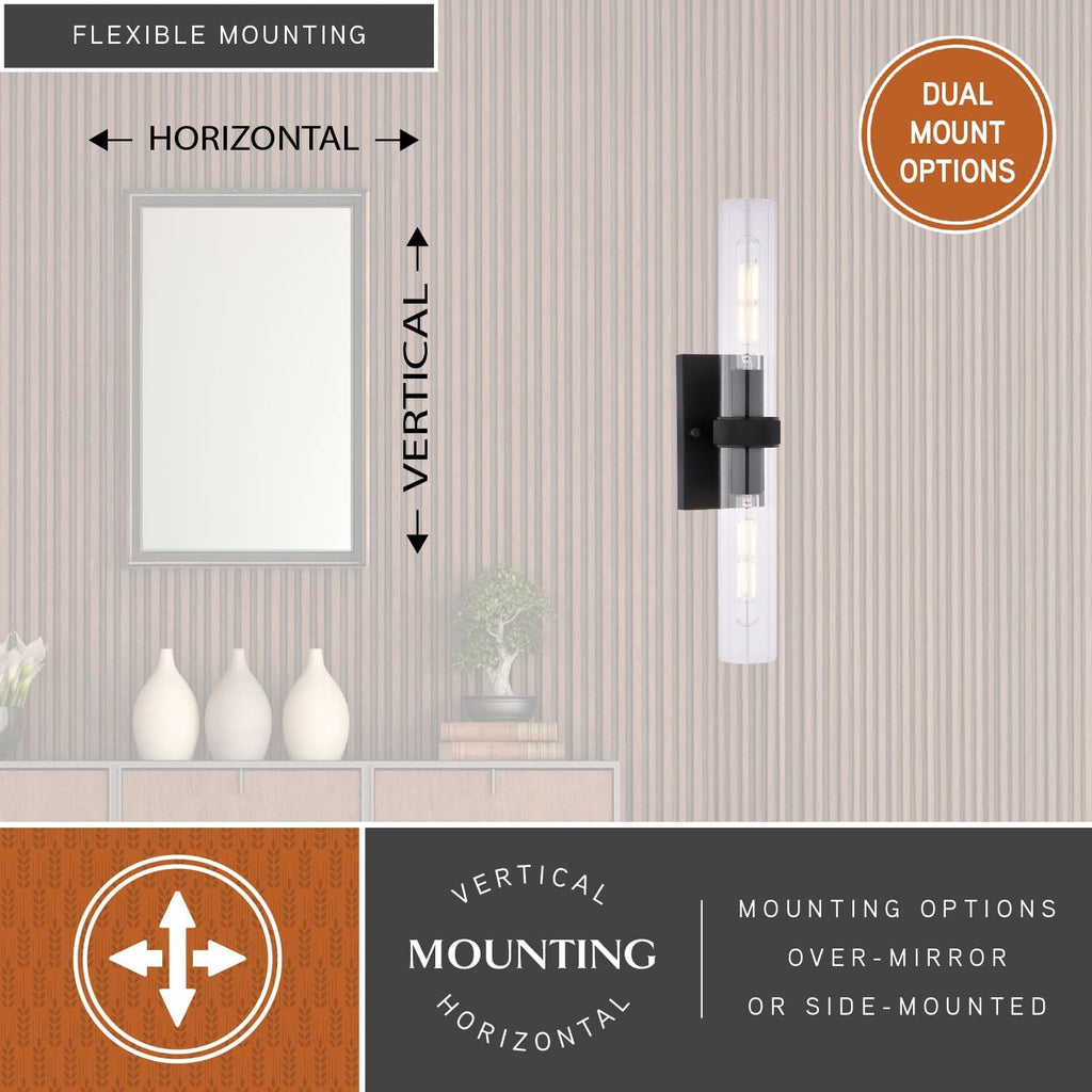VAXCEL Bari 2-Light 4.5 in. Wide Matte Black Contemporary Wall Sconce, Clear Glass Shade, Dimmable, LED Compatible, Vertical or Horizontal Mount, Steel Bathroom Vanity Lighting Fixture
