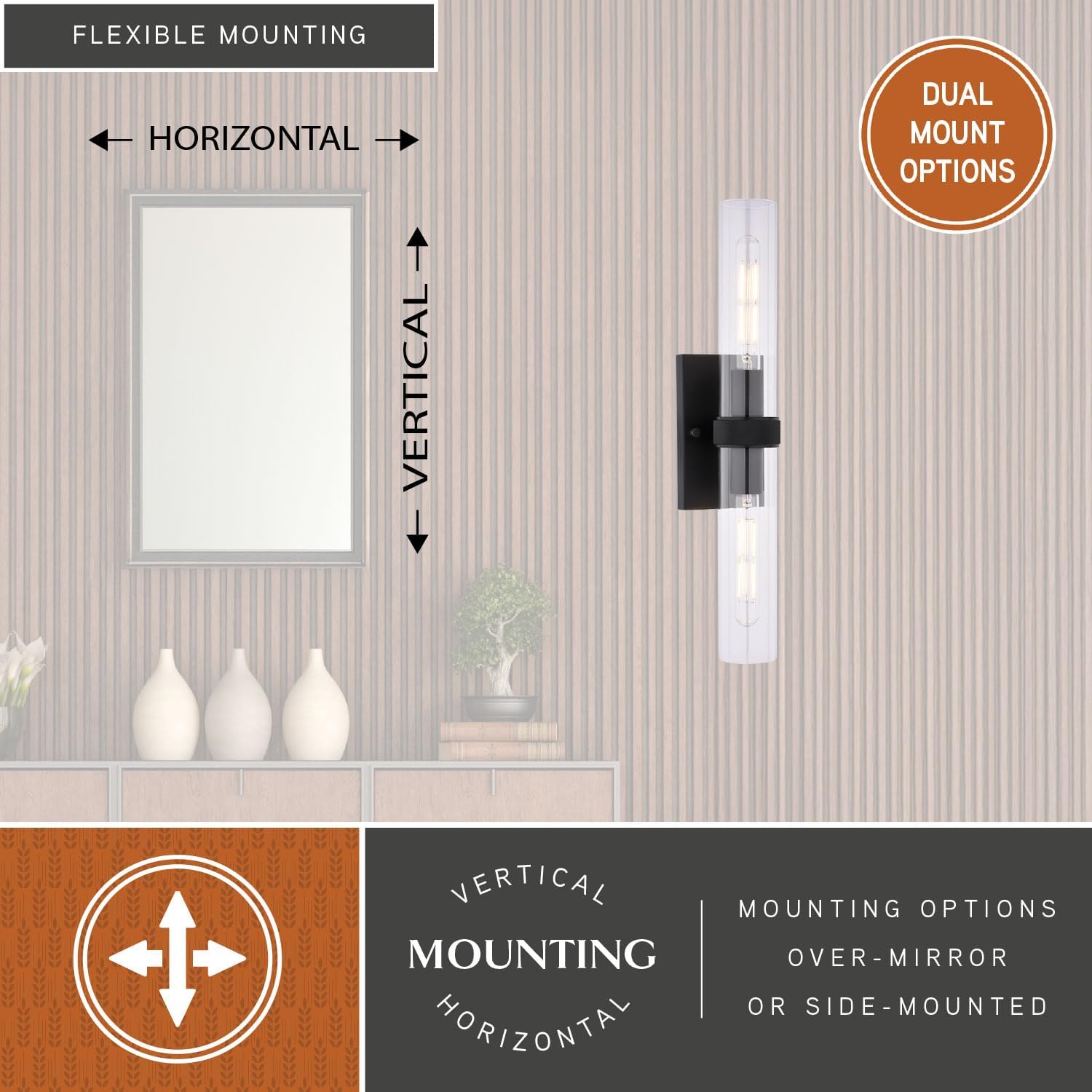 VAXCEL Bari 2-Light 4.5 in. Wide Matte Black Contemporary Wall Sconce, Clear Glass Shade, Dimmable, LED Compatible, Vertical or Horizontal Mount, Steel Bathroom Vanity Lighting Fixture
