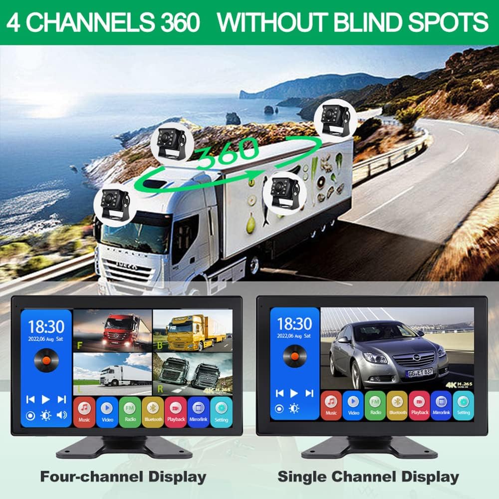 EVERSECU 4K Car Backup Cameras System with 10.1' Touch Screen Quad Display Monitor & 4pcs 1080P Backup AHD Cameras, MP5 Player, Vehicle DVR Recorder for RV/Truck/Bus/Trailer/Camper/Van