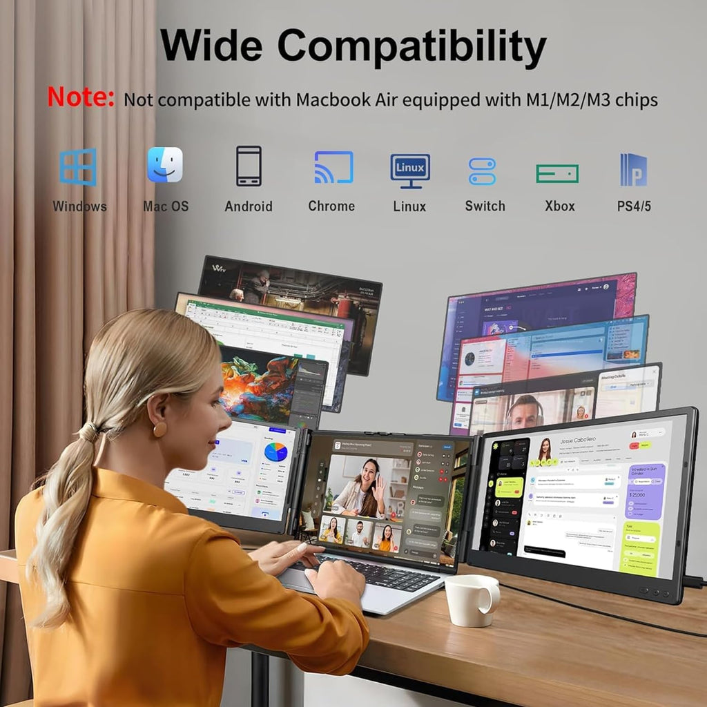Laptop Screen Extender 14' FHD 1080P Triple Portable Monitor,Plug & Play Dual Monitor,Auto-Adjust Width,Fits 13'–17' Laptops,Multi-OS Compatible