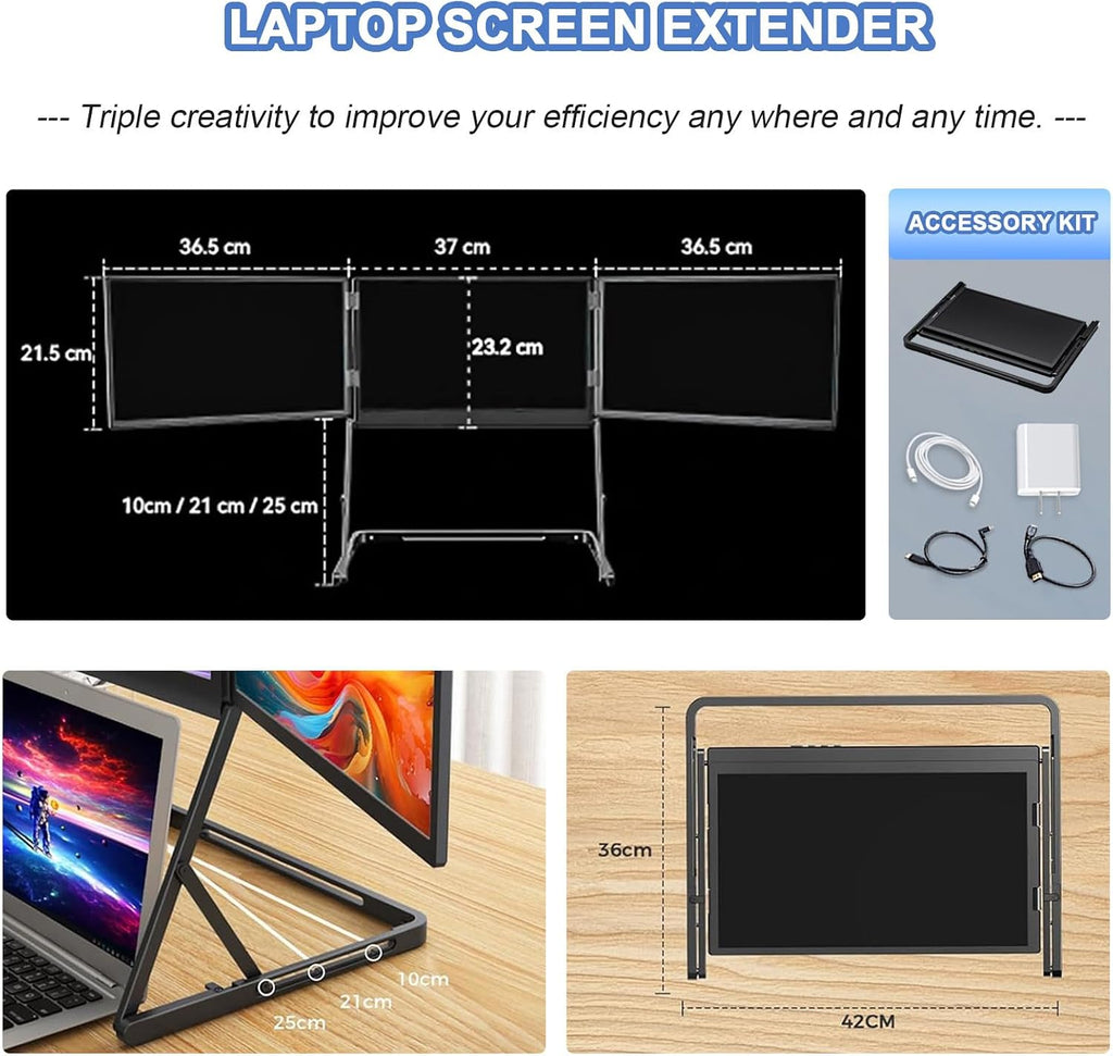 15.6' Portable Laptop Screen Extender, 1080P Triple Monitor with 360° Rotation, Adjustable Viewing Angles for Office & Remote Work, Boost Productivity & Multitasking